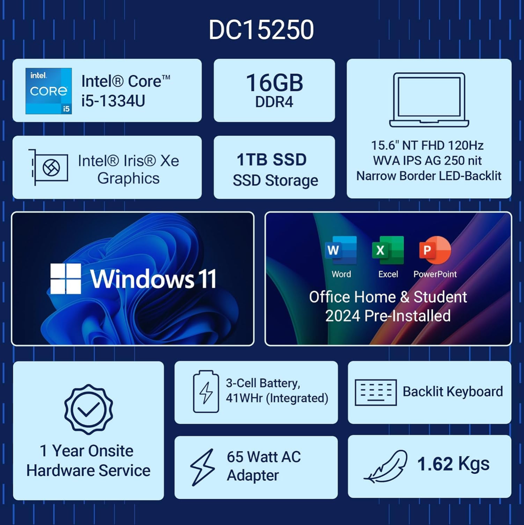Dell 15 SmartChoice Laptop | Intel Core i5-1334U 13th Gen | 16GB RAM | 1TB SSD | 15.6" FHD Display | Windows 11 | MS Office 2024 | Backlit Keyboard | Silver