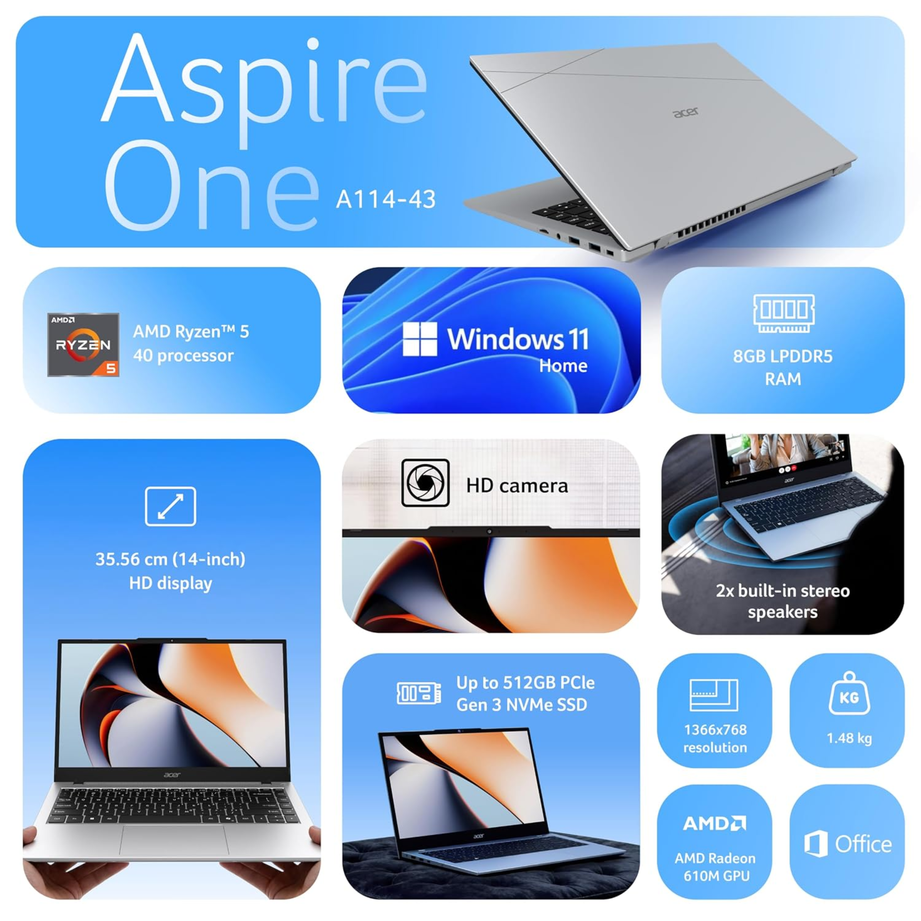 Acer Aspire One 14" WXGA Thin & Light Laptop - AMD Ryzen 5, 8GB LPDDR5 RAM, 512GB SSD, Windows 11 Home, MS Office 2024, HD Camera (Pure Silver, A114-43)