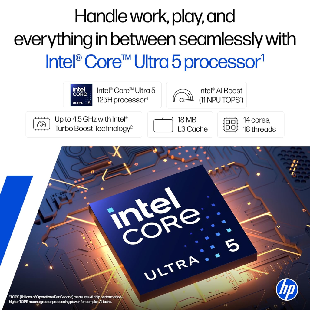 HP 14 14.0" FHD AI-Powered Laptop - Intel Core Ultra 7 155H, Intel Arc Graphics, 24GB DDR5 RAM (Upgradeable), 1TB SSD, Backlit Keyboard, FHD Camera with Privacy Shutter, Windows 11, MS Office 2024 (Silver, 1.40kg, ep1181tu)