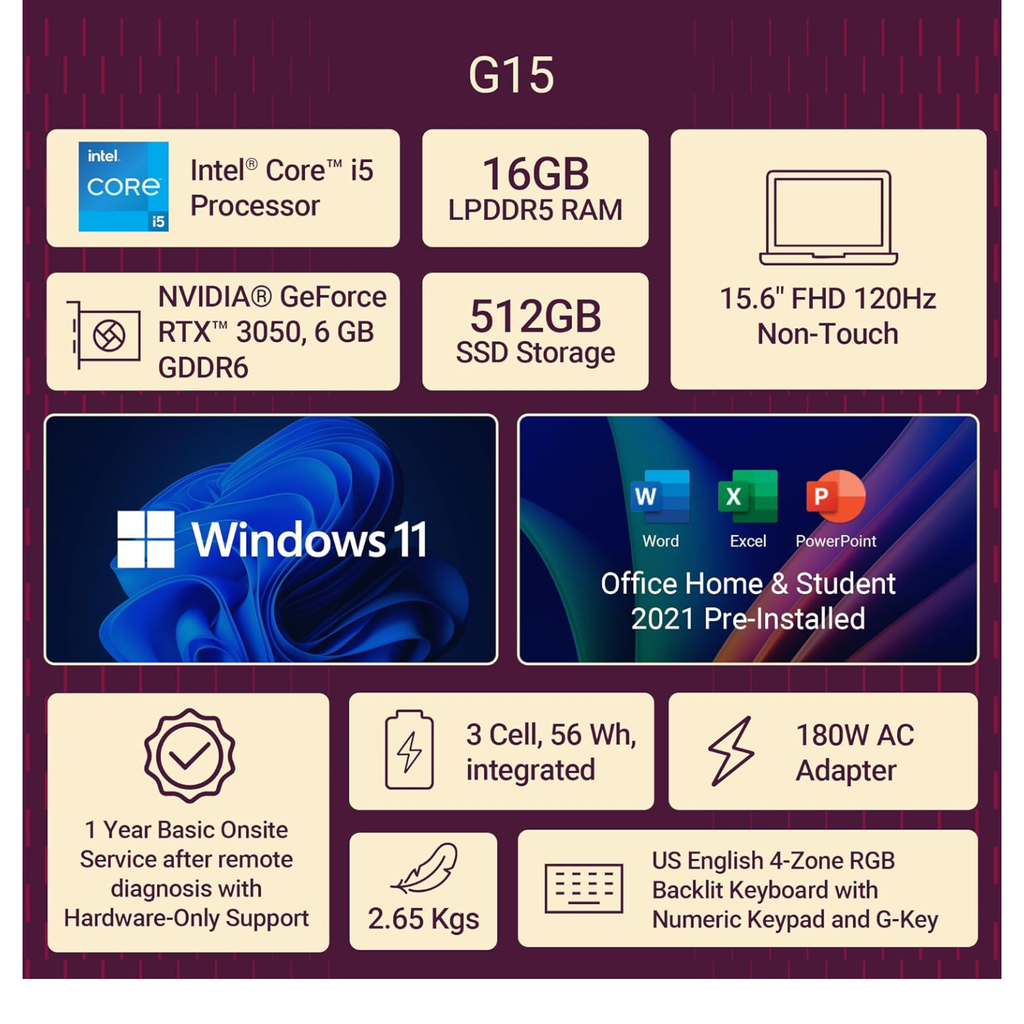 Dell G15 5530 Gaming Laptop | Intel Core i5-13450HX | 16GB DDR5 RAM | 512GB SSD | NVIDIA GeForce RTX 3050 6GB | 15.6" FHD 120Hz Display | RGB Backlit Keyboard | Windows 11 + MS Office 2021 | Dark Shadow Gray