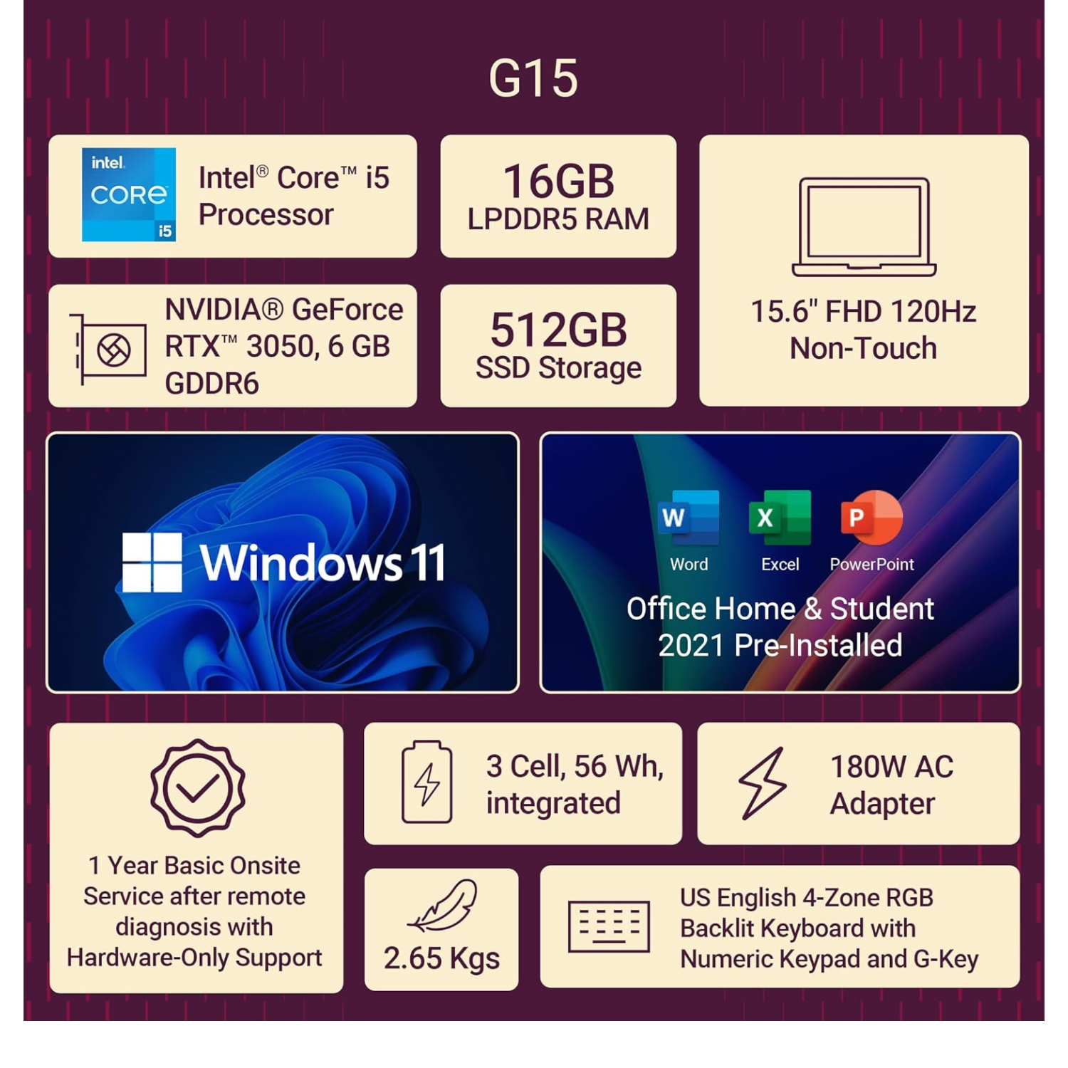 Dell G15 5530 Gaming Laptop | Intel Core i5-13450HX | 16GB DDR5 RAM | 512GB SSD | NVIDIA GeForce RTX 3050 6GB | 15.6" FHD 120Hz Display | RGB Backlit Keyboard | Windows 11 + MS Office 2021 | Dark Shadow Gray