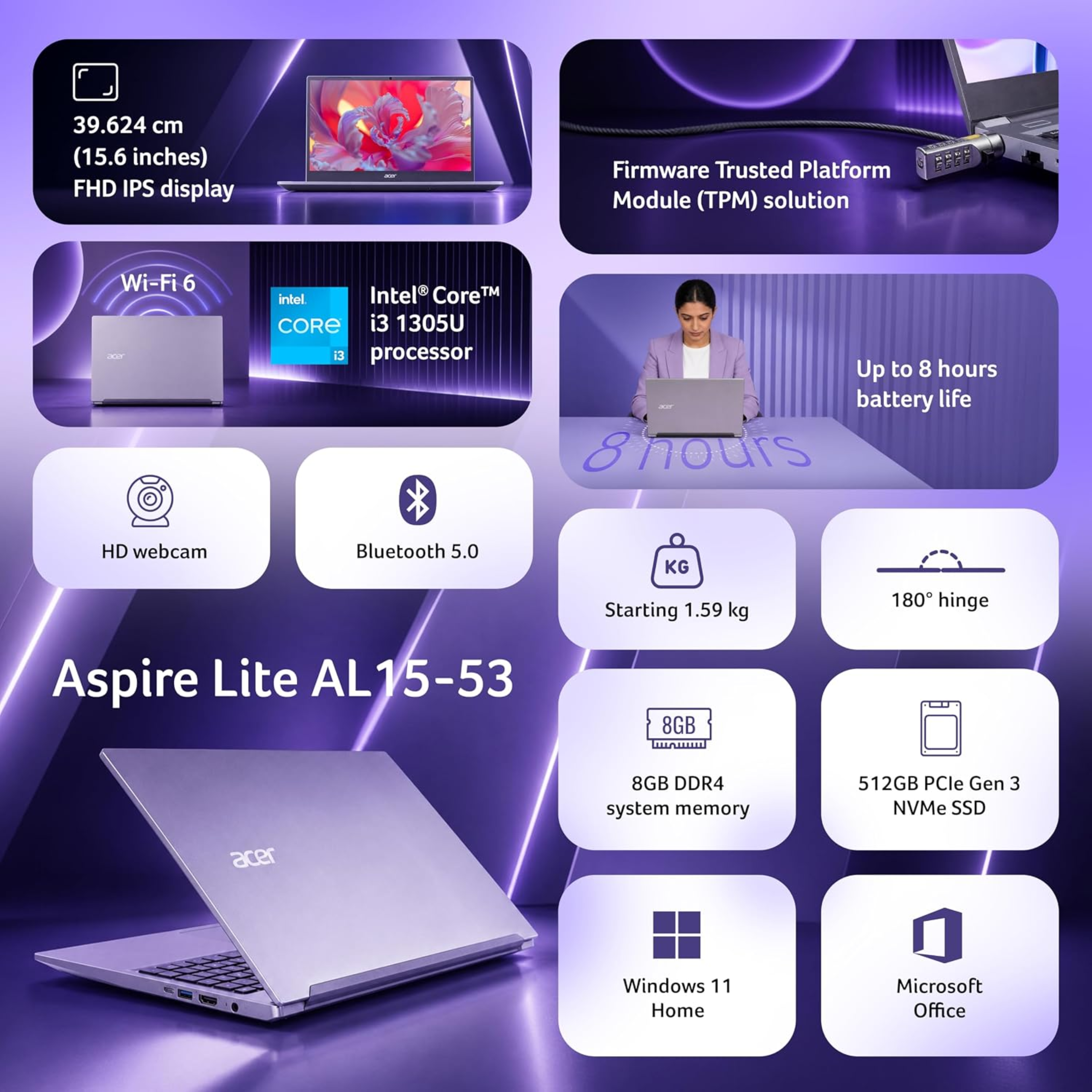 Acer Aspire Lite 15.6" FHD IPS Thin & Light Laptop - 13th Gen Intel Core i3-1305U, 8GB DDR4 RAM, 512GB SSD, Win 11, Office 2024 + M365 Basic (Steel Gray, 1.59kg, AL15-53)