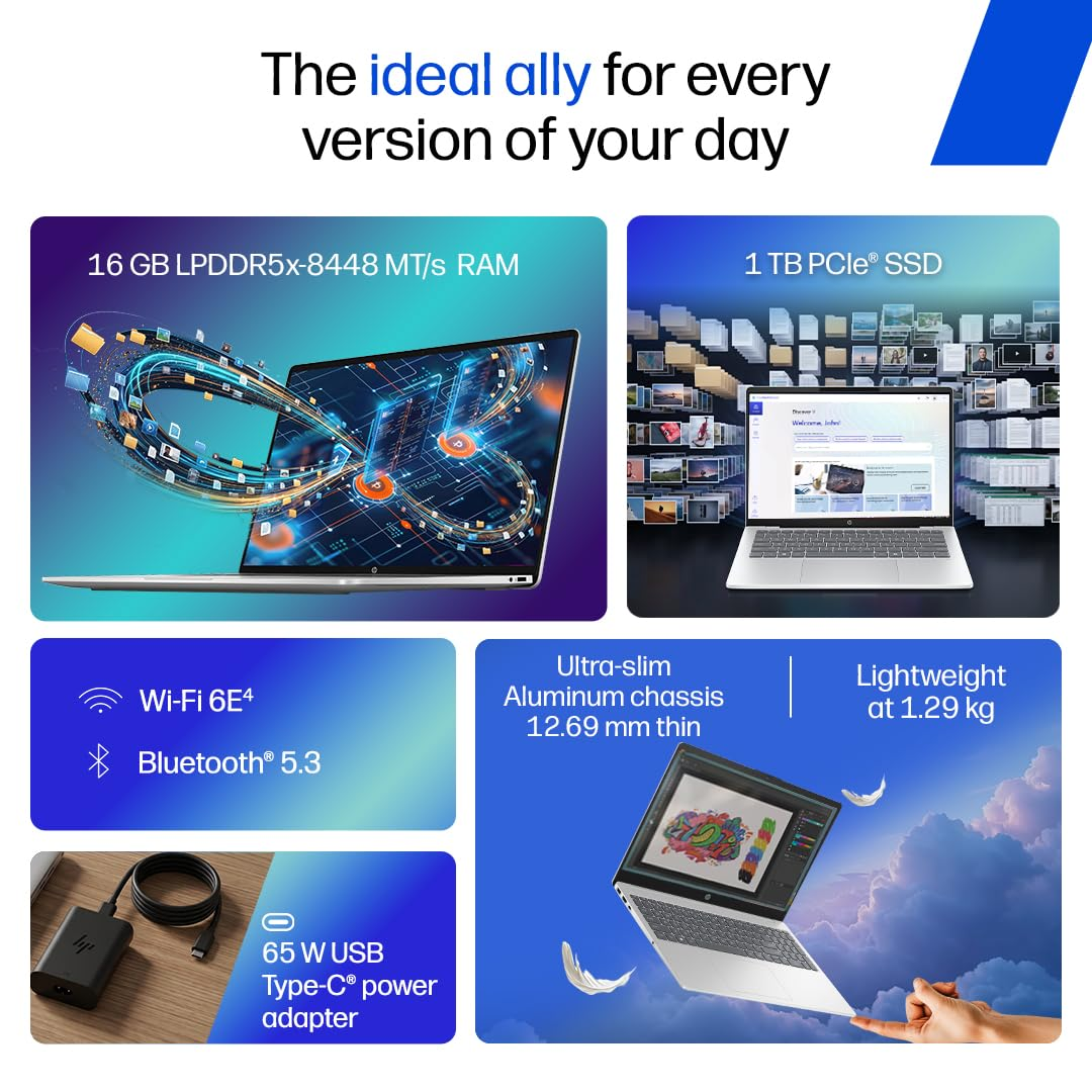 HP OmniBook 5 OLED 14.0" 2K Copilot+ AI Laptop - Snapdragon X Series Processor (45 TOPS NPU), 16GB LPDDR5x RAM, 1TB SSD, Multi-Day Battery, Windows 11 Home, MS Office 2024 (Silver, 1.29kg, he0015QU)