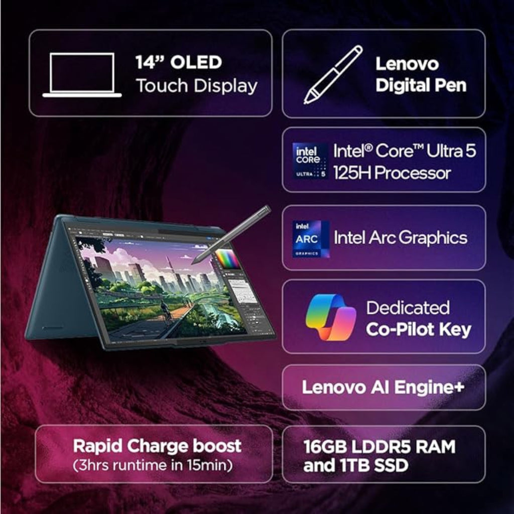 Lenovo YOGA 7 360 ULTRA5 125H 16GB RAM 16GB RAM/1 TB SSD 14" OLED 400 NITS, TOUCH (TIDAL TEAL) 83DJ006XIN
