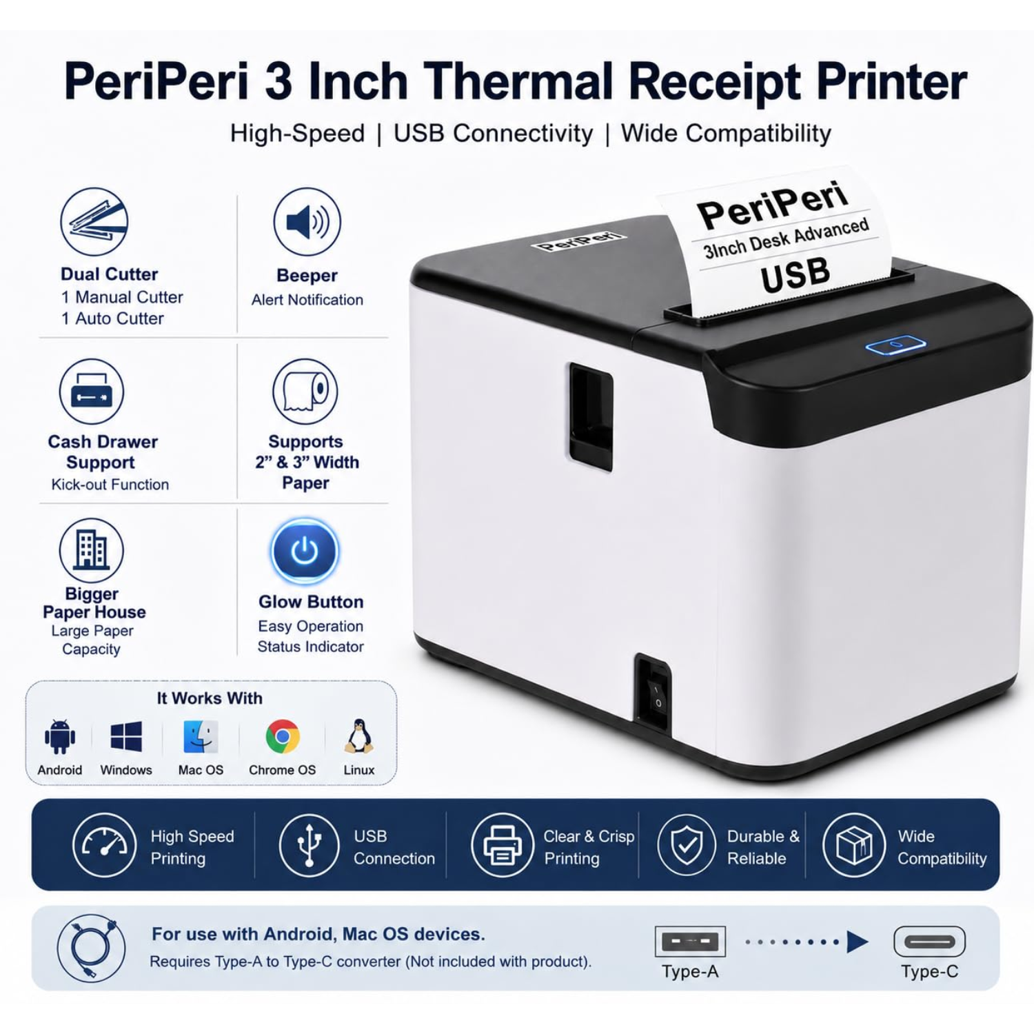 PeriPeri 80mm (3 Inch) Thermal Receipt Printer - Inkless POS Billing Printer with Auto Cutter & Beeper, USB Support for Android, Windows & Mac OS (1 Year Warranty)