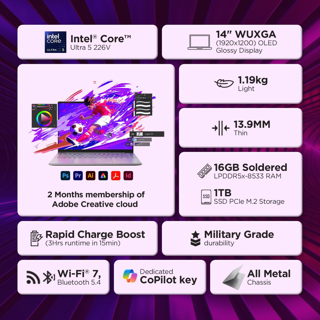 Lenovo Yoga Slim 7 Aura Edition 14" WUXGA OLED AI Laptop - Intel Evo Core Ultra 5 226V, 16GB RAM, 1TB SSD, Copilot+ PC, Win 11, Office Home 2024, 1Yr ADP (Grey, 1.19kg, 83JX005FIN)