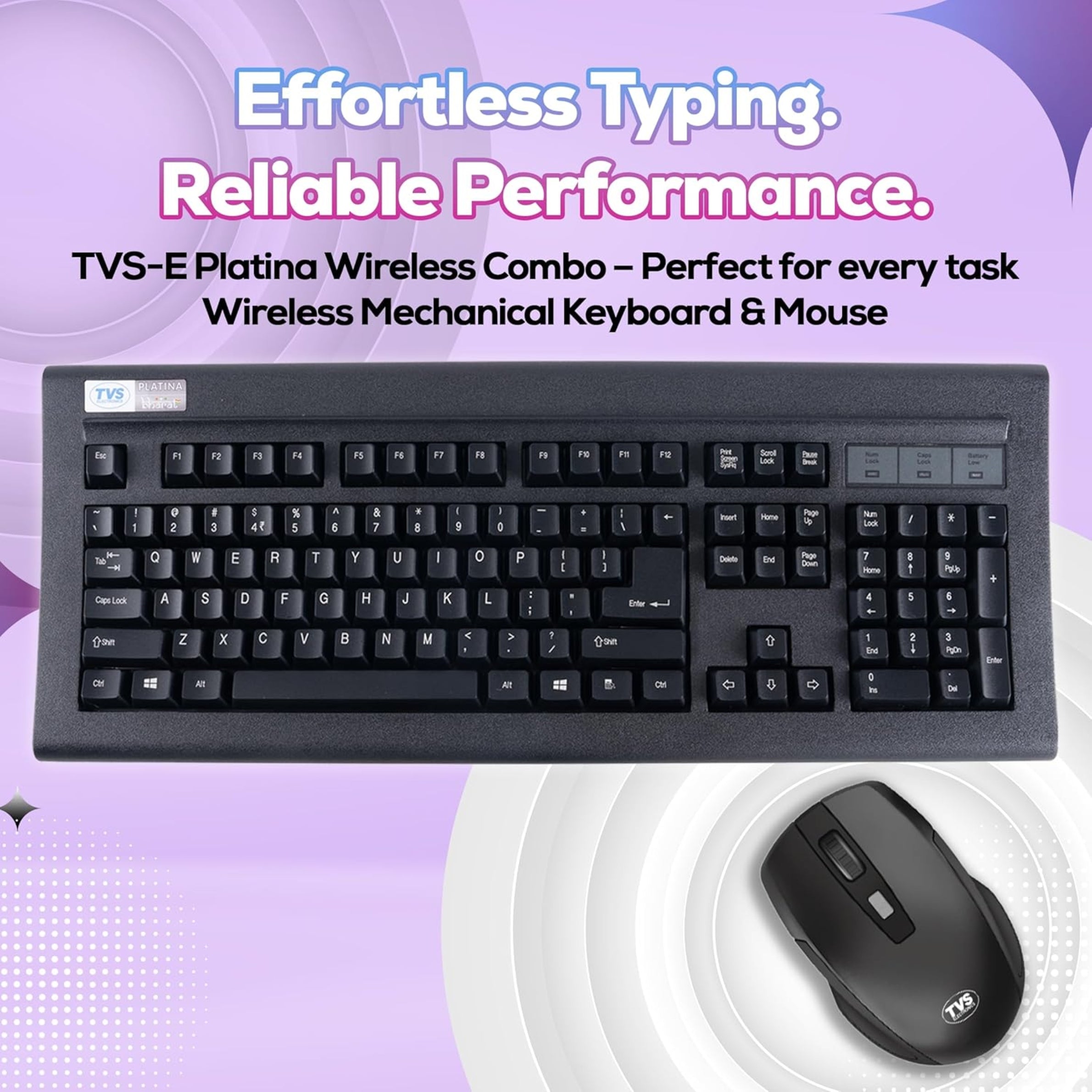 TVS Electronics Platina Wireless Mechanical Keyboard & Mouse Combo | 50 Million Keystrokes | 2.4GHz Wireless (10m Range) | Dustproof Mechanical Switches | Adjustable 1600 DPI Mouse | For Windows, Mac & Linux (Black)