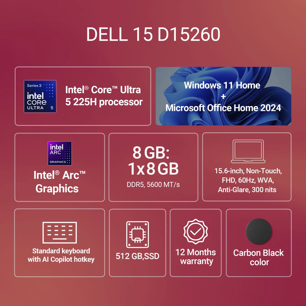 Dell Inspiron 15 3540 / DC15260 (CD15260CTOH1RINB1) 15.6" FHD Laptop (Intel Core Ultra 5 125H / 8GB RAM / 512GB SSD / Windows 11 / MS Office H&S 2024 + M365 / Carbon Black)