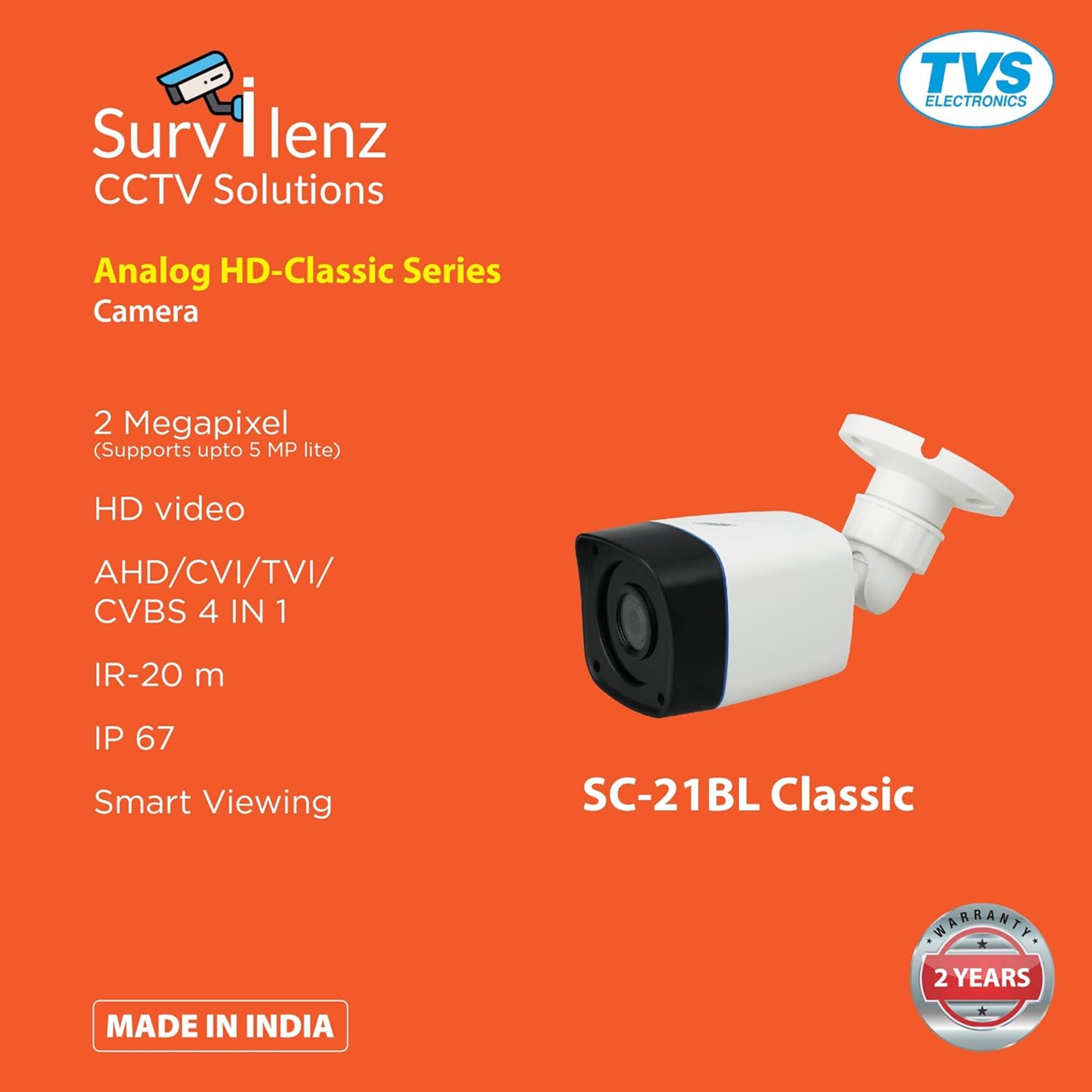 TVS Electronics SC-21BL Classic 2MP HD Bullet CCTV Camera (IP67 Weatherproof, 20m Night Vision, Smart Viewing, Supports up to 5MP Lite)