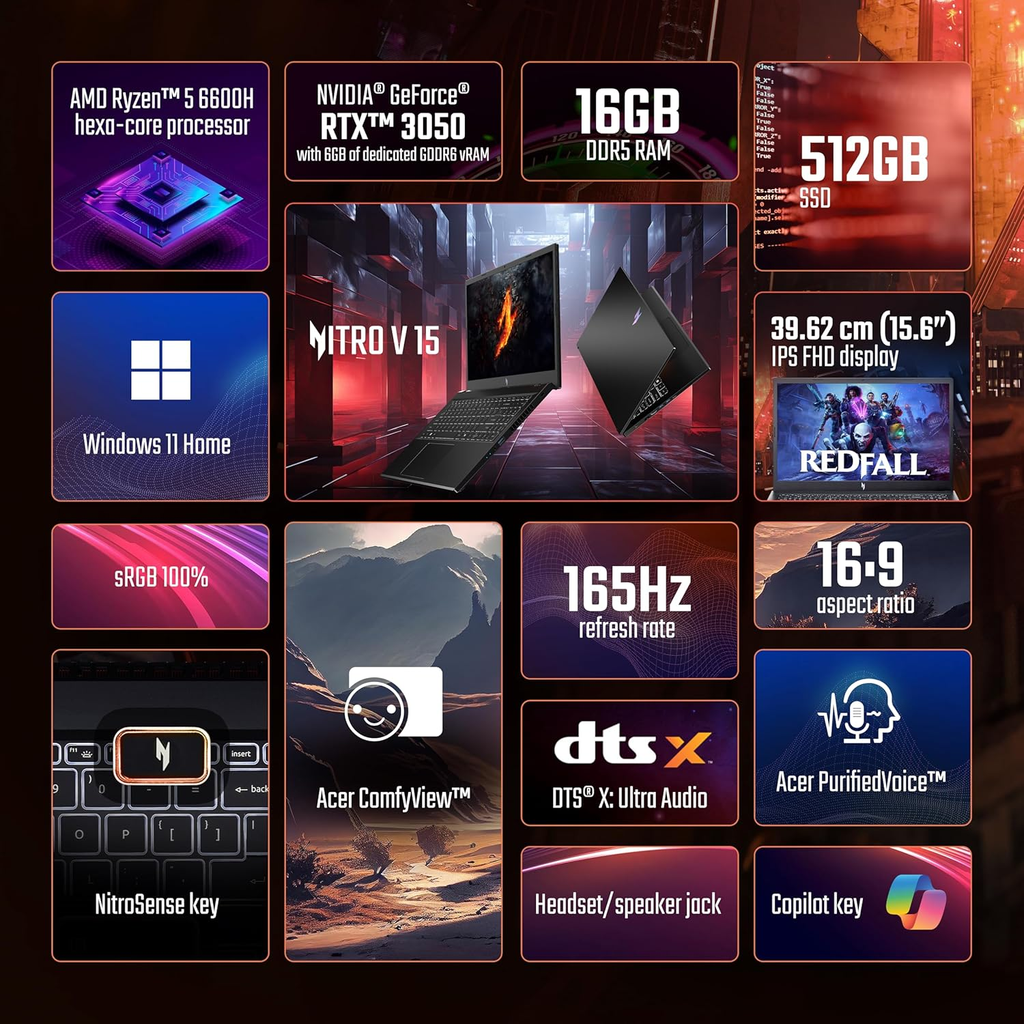 Acer Nitro V 15 ANV15-41 (NH.QPFSI.006) 15.6" FHD 165Hz Gaming Laptop (AMD Ryzen 5 6600H / 16GB RAM / 512GB SSD / RTX 3050 6GB / Windows 11 / Obsidian Black)