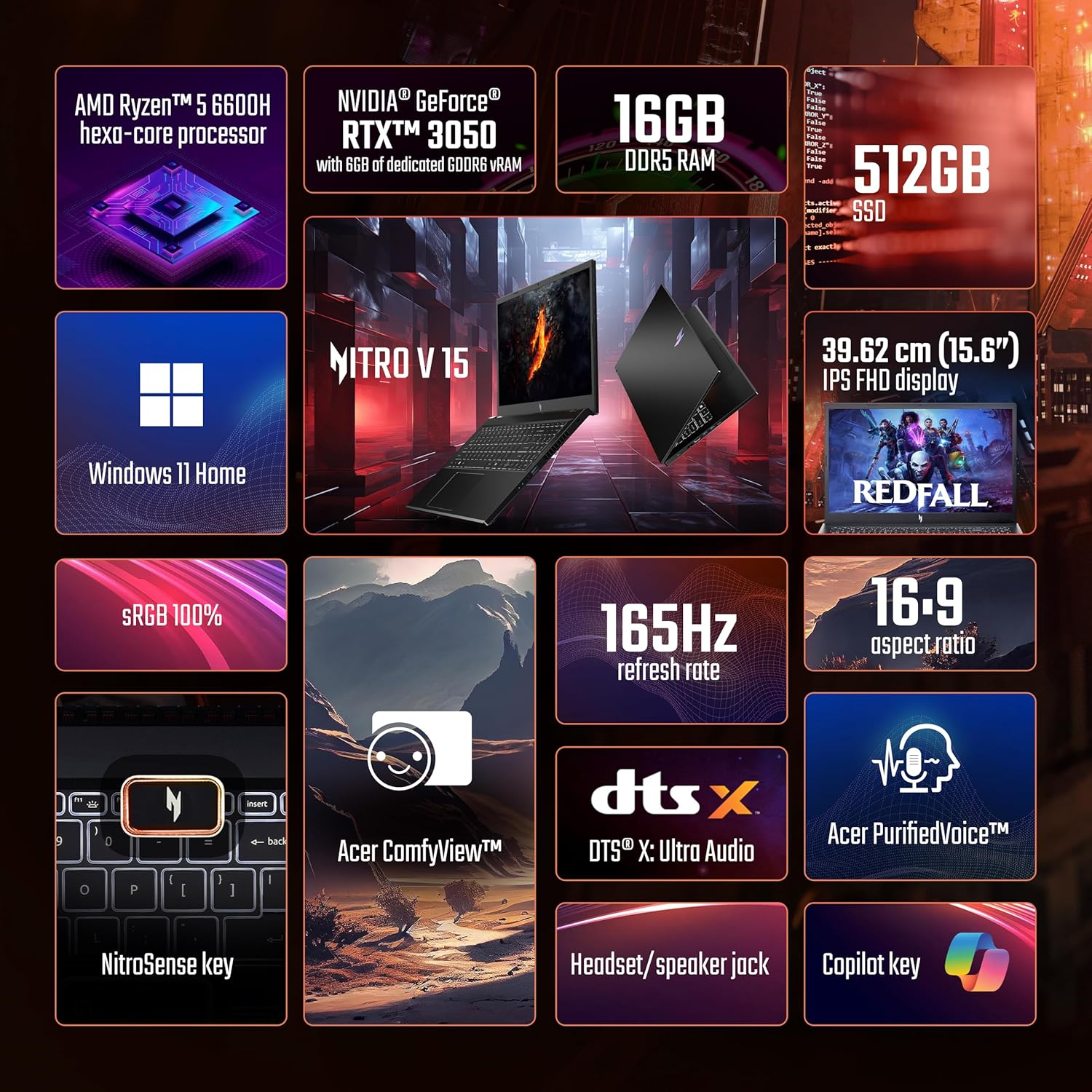 Acer Nitro V 15 ANV15-41 (NH.QPFSI.006) 15.6" FHD 165Hz Gaming Laptop (AMD Ryzen 5 6600H / 16GB RAM / 512GB SSD / RTX 3050 6GB / Windows 11 / Obsidian Black)