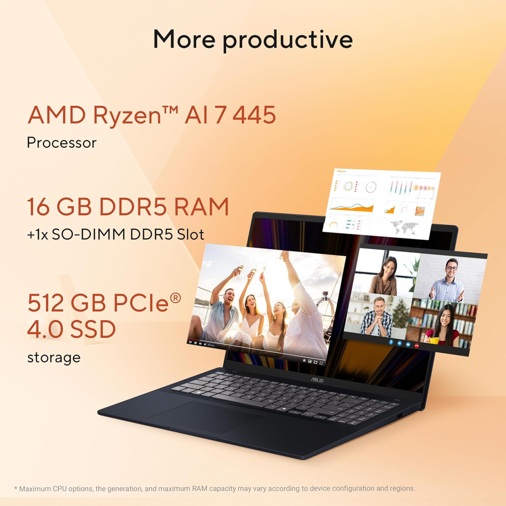 ASUS Vivobook 16 (2026) 16.0" FHD+ Copilot+ PC - AMD Ryzen AI 7 445, AMD Radeon Graphics, 16GB RAM, 512GB SSD, Backlit Keyboard, Type-C Fast Charging, Windows 11, Office 2024 & Microsoft 365 Basic (Quiet Blue, 1.88kg, M1607GA-MB030WS)