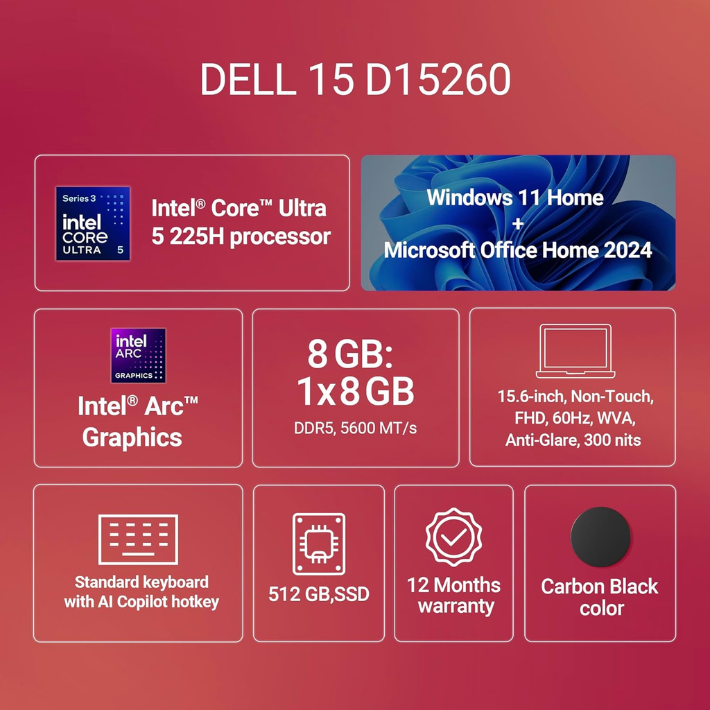 Dell 15 AI Powered Laptop | Intel Core Ultra 5 225H | 8GB DDR5 RAM | 512GB PCIe SSD | Intel Arc Graphics | 15.6" Full HD Anti-Glare Display | Windows 11 Home + MS Office Home & Student 2024 | Copilot AI Key | Carbon Black