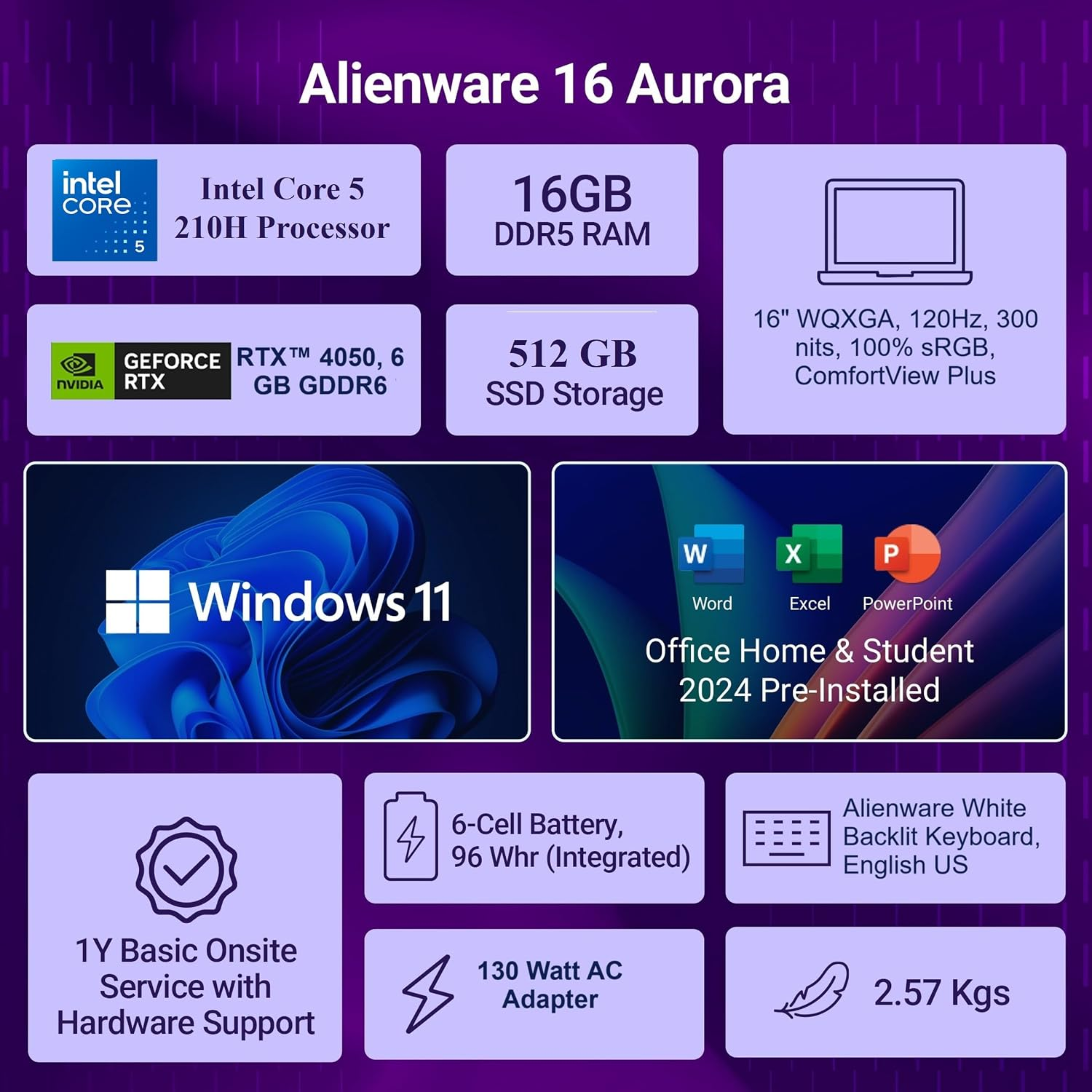 Alienware 16 Aurora Gaming Laptop 16" WQXGA 300Nits - Intel Core 5-210H, 16GB DDR5, 512GB SSD, NVIDIA GeForce RTX 4050 6GB GDDR6, White Backlit Keyboard, Win 11 Home, MS Office 2024 (Interstellar Indigo, 2.57kg, AC16250)