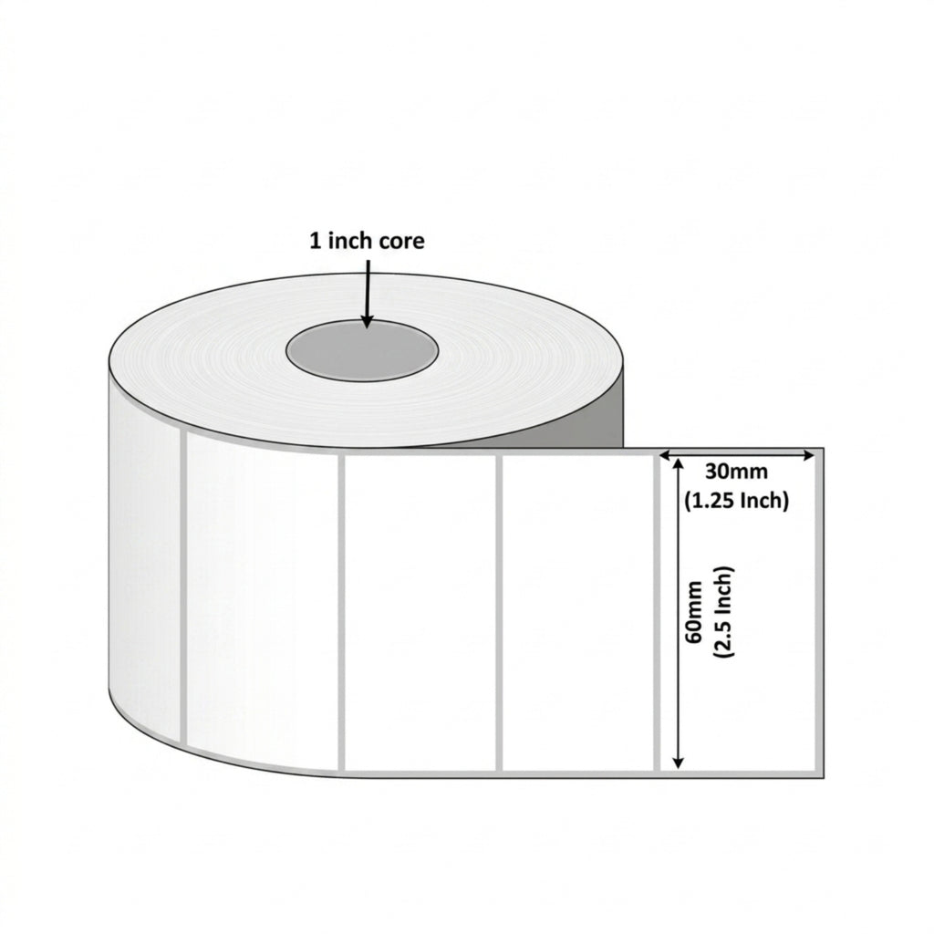 60x30mm Direct Thermal Barcode Label Roll | 1000 Labels Per Roll | 1 Up DT Sticker | Self Adhesive Shipping, POS & Logistics Labels