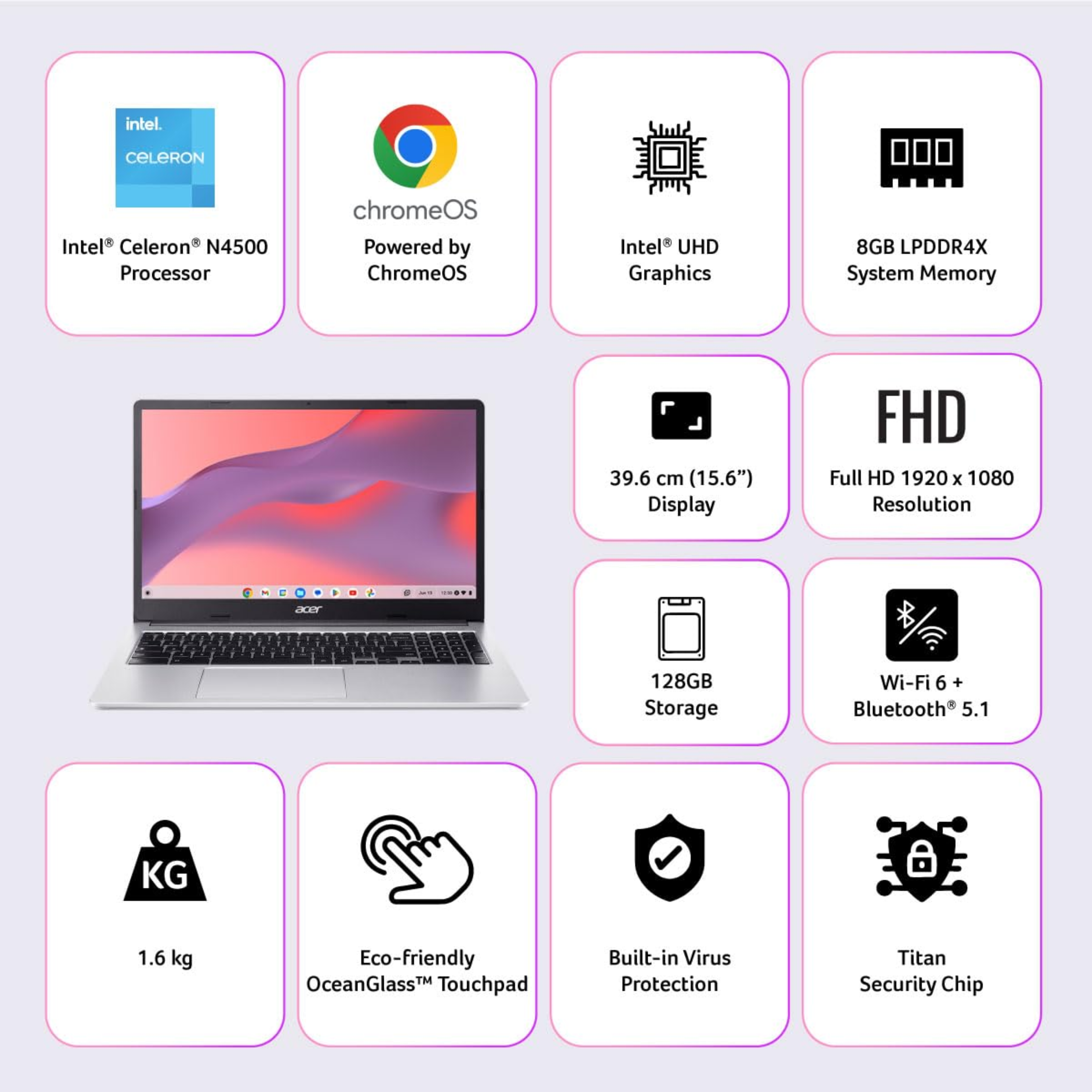 Acer Chromebook 315 15.6" FHD Laptop - Intel Celeron N4500, 8GB RAM, 128GB eMMC, Chrome OS, WiFi 6, Intel Graphics (Silver, 1.6kg, CB315-4H)