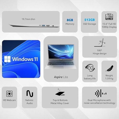 Acer Aspire Lite 15.6" FHD IPS Laptop - 13th Gen Intel Core i3-1305U, 8GB RAM, 512GB SSD, Windows 11 Home, Premium Metal Body, 180° Hinge (Steel Gray, AL15-53)