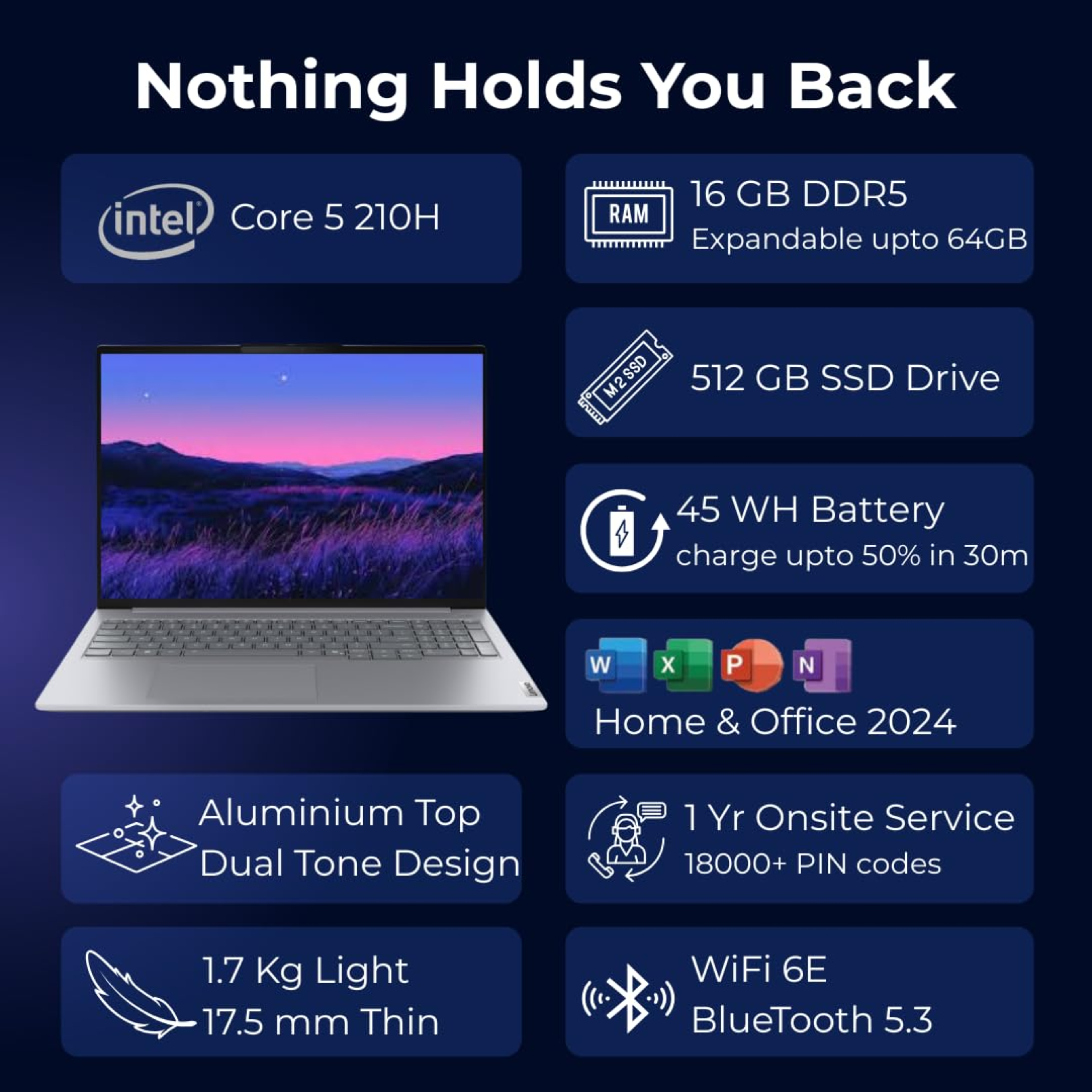 Lenovo ThinkBook 16 16.0" WUXGA IPS Laptop - 14th Gen Intel Core 5 210H, 16GB RAM, 512GB SSD, Integrated Intel Graphics, Fingerprint Reader, Win 11 Home, Aluminium Top (Arctic Grey, 1.7kg, 21SHA05BIG)