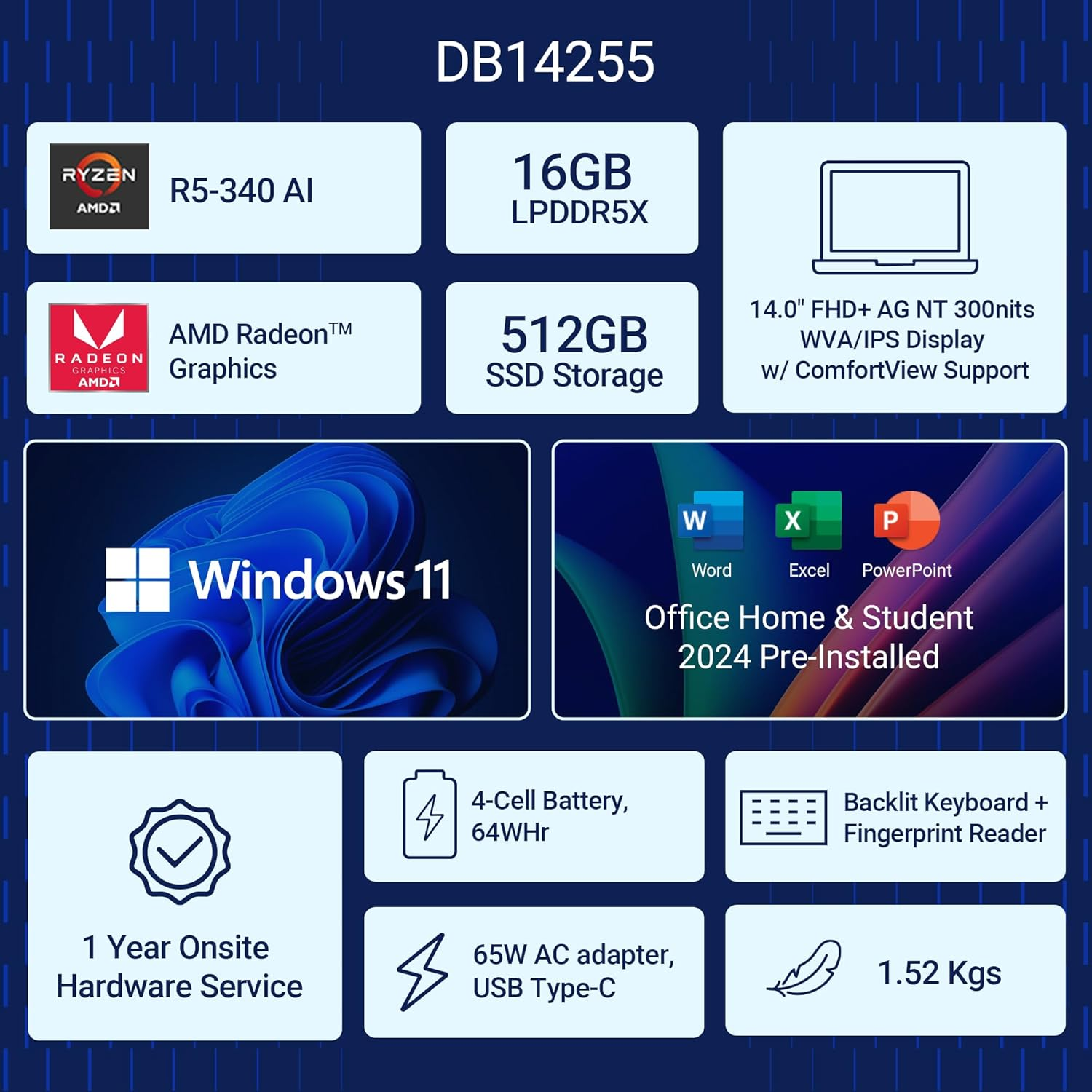 Dell 14 Smart Choice AI Laptop | AMD Ryzen AI 5 340 | 16GB LPDDR5X RAM | 512GB SSD | 14" FHD+ IPS Display | Windows 11 | MS Office Home & Student 2024 | Backlit Keyboard | Ice Blue