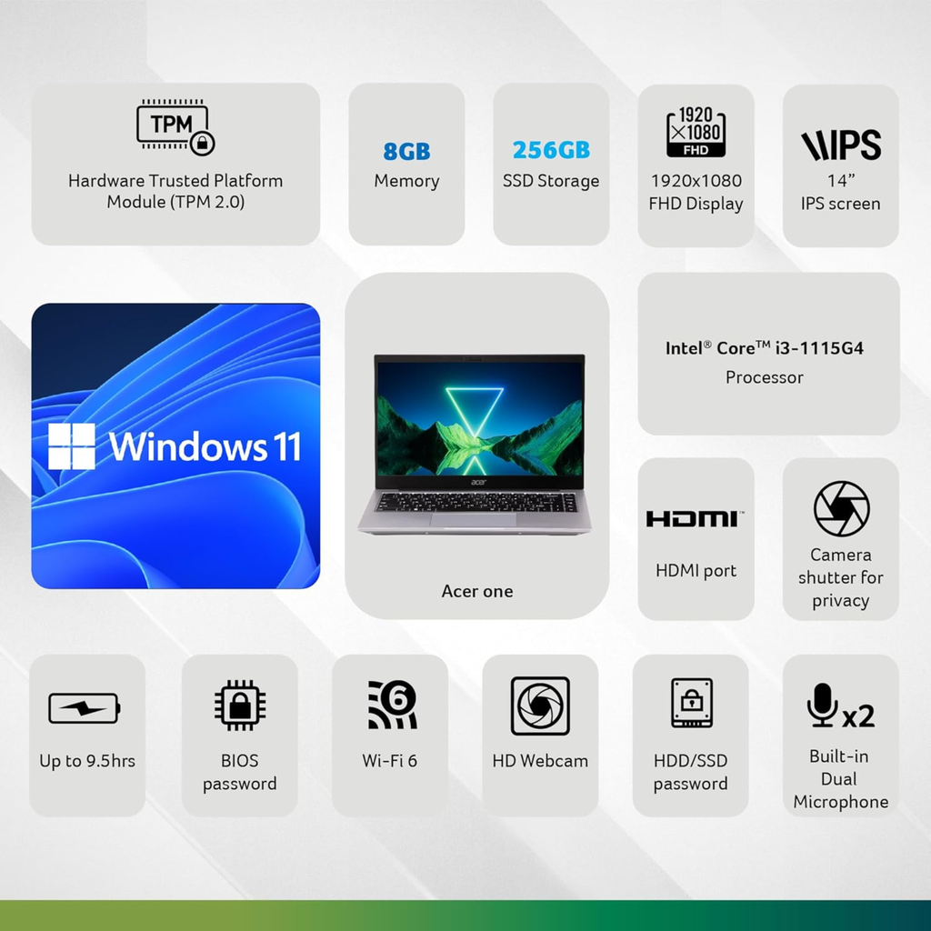 Acer One 14 14" Full HD Thin & Light Laptop - Intel Core i3-1115G4, 8GB RAM, 256GB SSD, Intel UHD Graphics, Windows 11 Home (Pure Silver, 1.49kg, Z8-415)