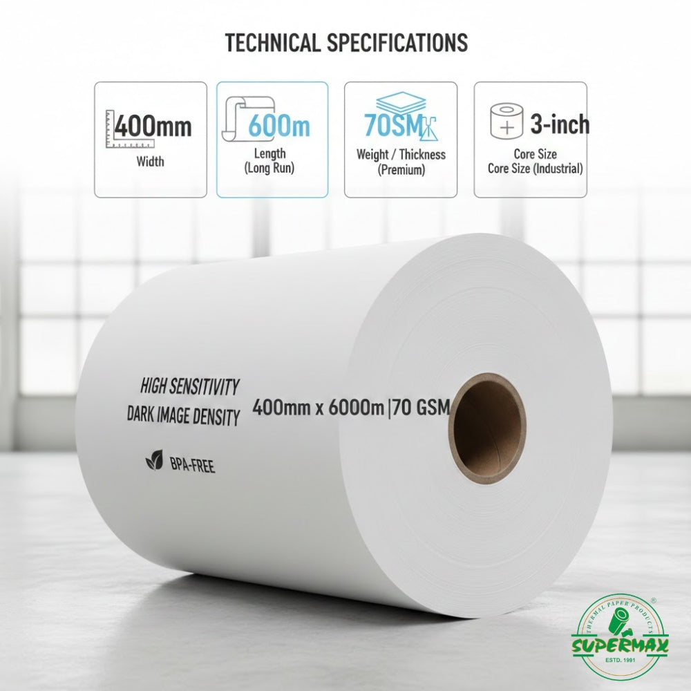 Jumbo Thermal Paper Roll 400MM x 6000M 70 GSM | Premium Quality | 1 Roll Bulk Business Pack