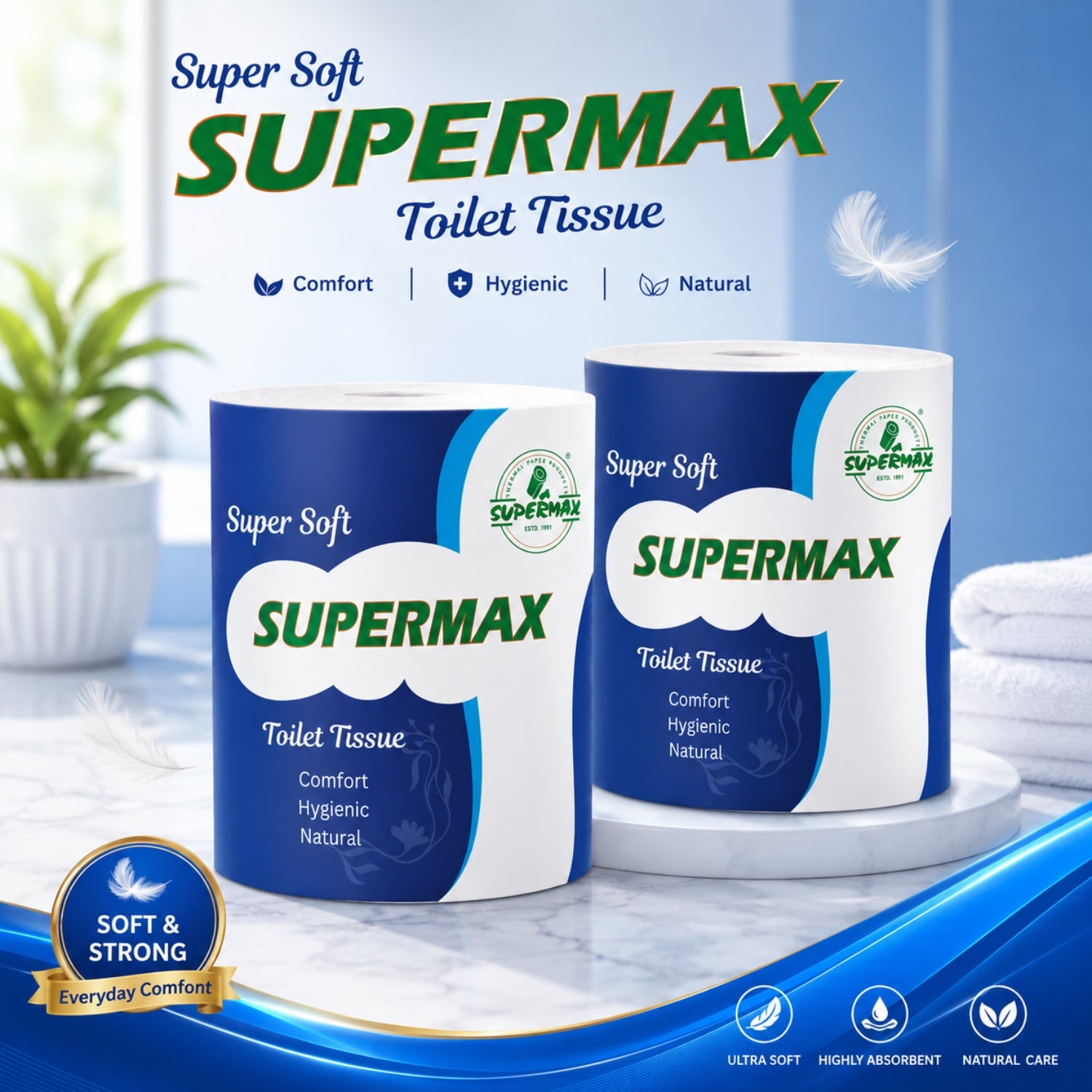 SUPERMAX Toilet Tissue Roll | Soft & Strong Bathroom Tissue Paper | Bulk Pack for Home, Hotel & Office