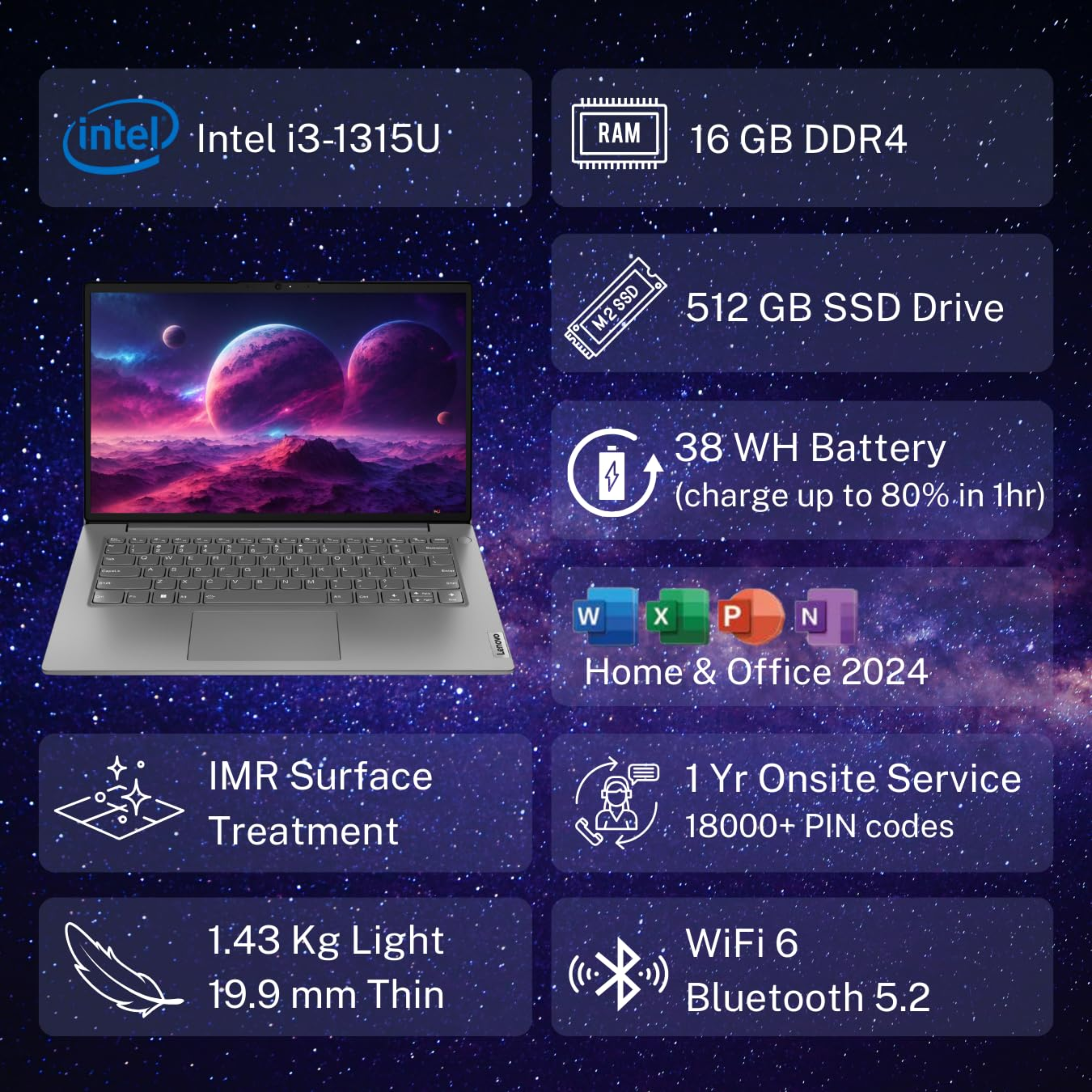 Lenovo V14 14.0" FHD Antiglare Laptop - 13th Gen Intel Core i3-1315U, 16GB RAM, 512GB SSD, Windows 11 Home, MS Office Home 2024 (Iron Grey, 1.43kg, 83A0A0PCIN)