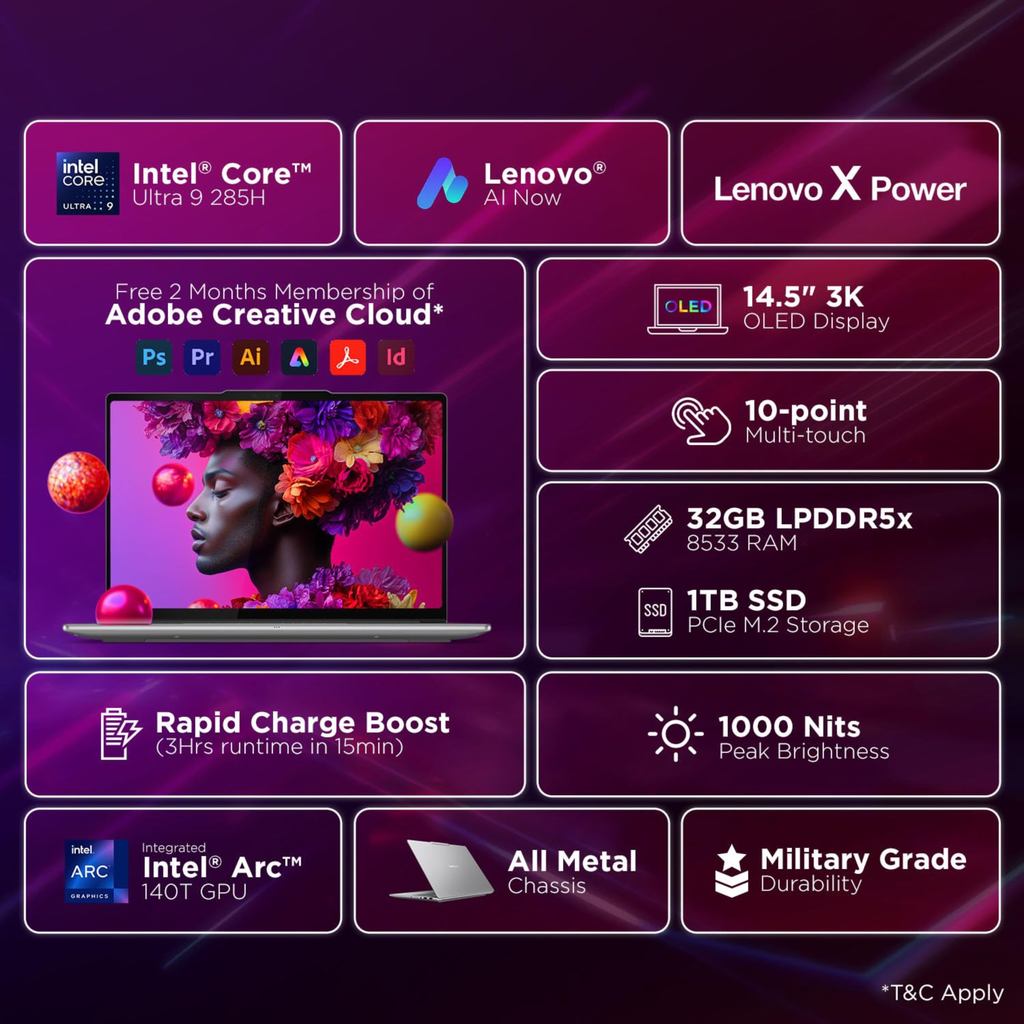 Lenovo Yoga Pro 7 Aura Edition 14.5" 3K OLED Touchscreen Laptop - Intel Evo Core Ultra 9 285H, 32GB RAM, 1TB SSD, Copilot+ AI PC, Windows 11, Office Home 2024, Lenovo AI Now (Grey, 1.5kg, 83KF004CIN)