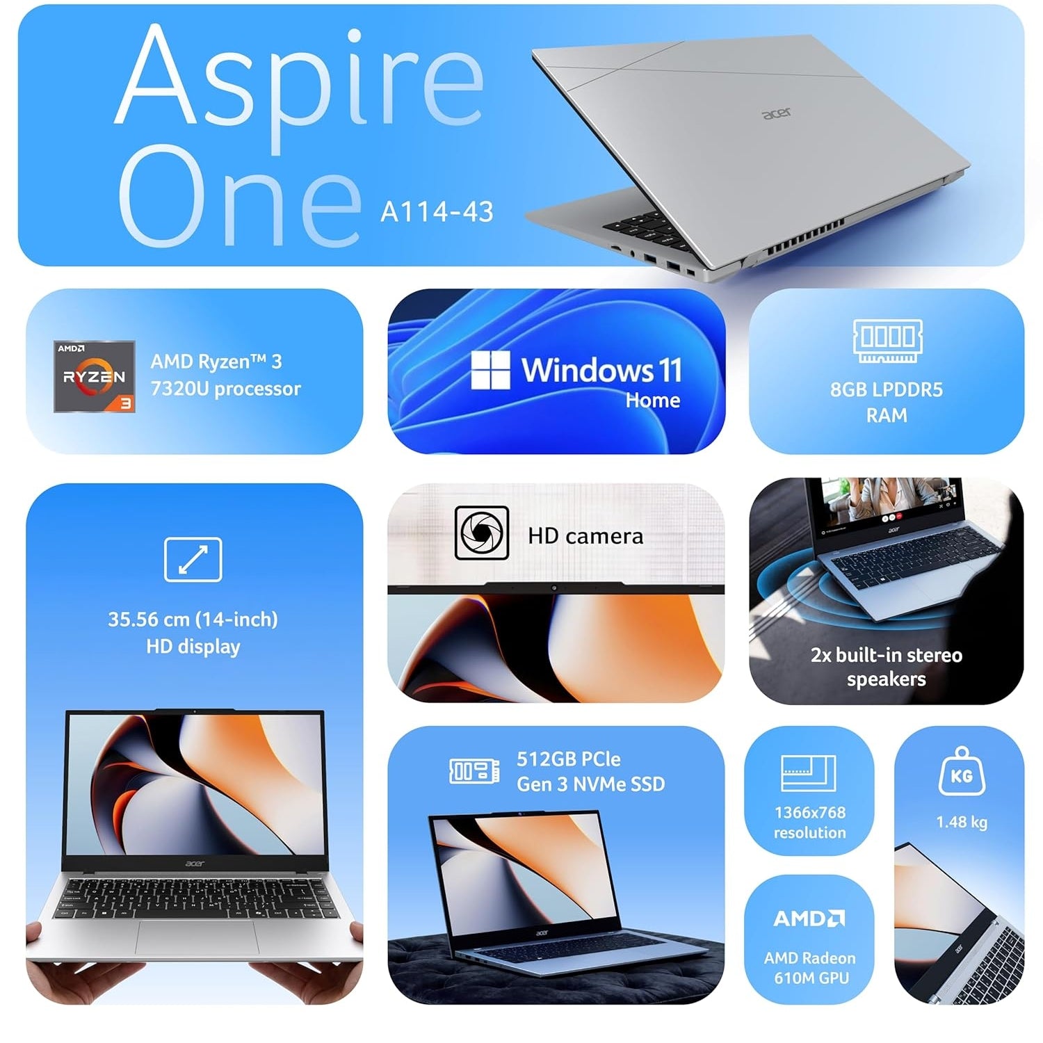 Acer Aspire One 14" Laptop - AMD Ryzen 3-7320U, 8GB LPDDR5 RAM, 512GB SSD, Windows 11 Home | Thin & Light Portable Laptop (Pure Silver)