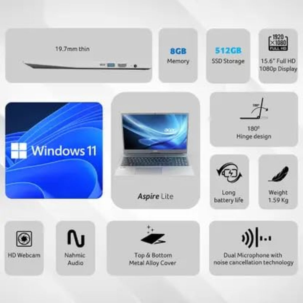 Acer Aspire Lite 15.6" FHD IPS Laptop - AMD Ryzen 3 5300U Quad Core, 8GB RAM, 512GB SSD, AMD Radeon Graphics, Win 11 Home, MS Office 2024 | Thin & Light Laptop (Steel Grey)