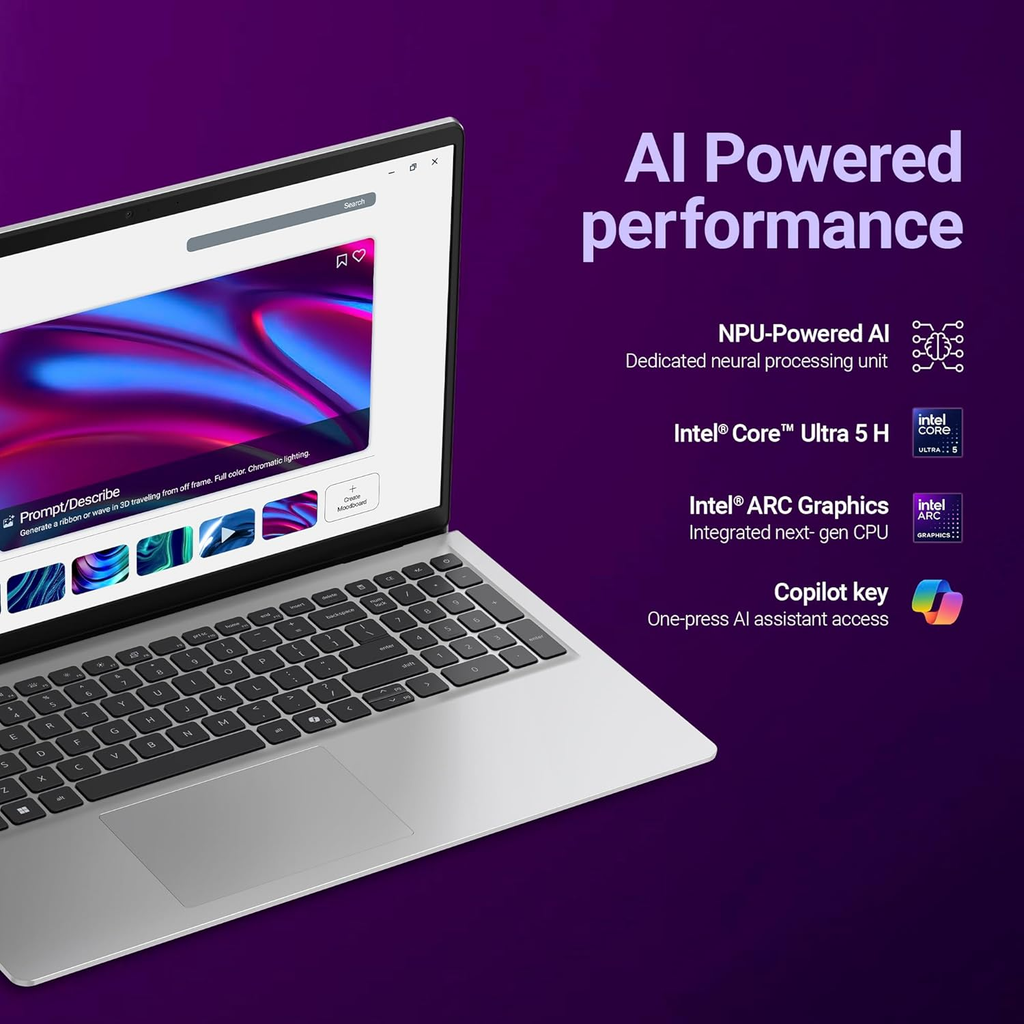 Dell 15 AI Laptop | Intel Core Ultra 5 225H | 16GB DDR5 RAM | 512GB SSD | 15.6" FHD Anti-Glare Display | Intel Arc Graphics | Windows 11 Home | MS Office Home & Student 2024 | Platinum Silver