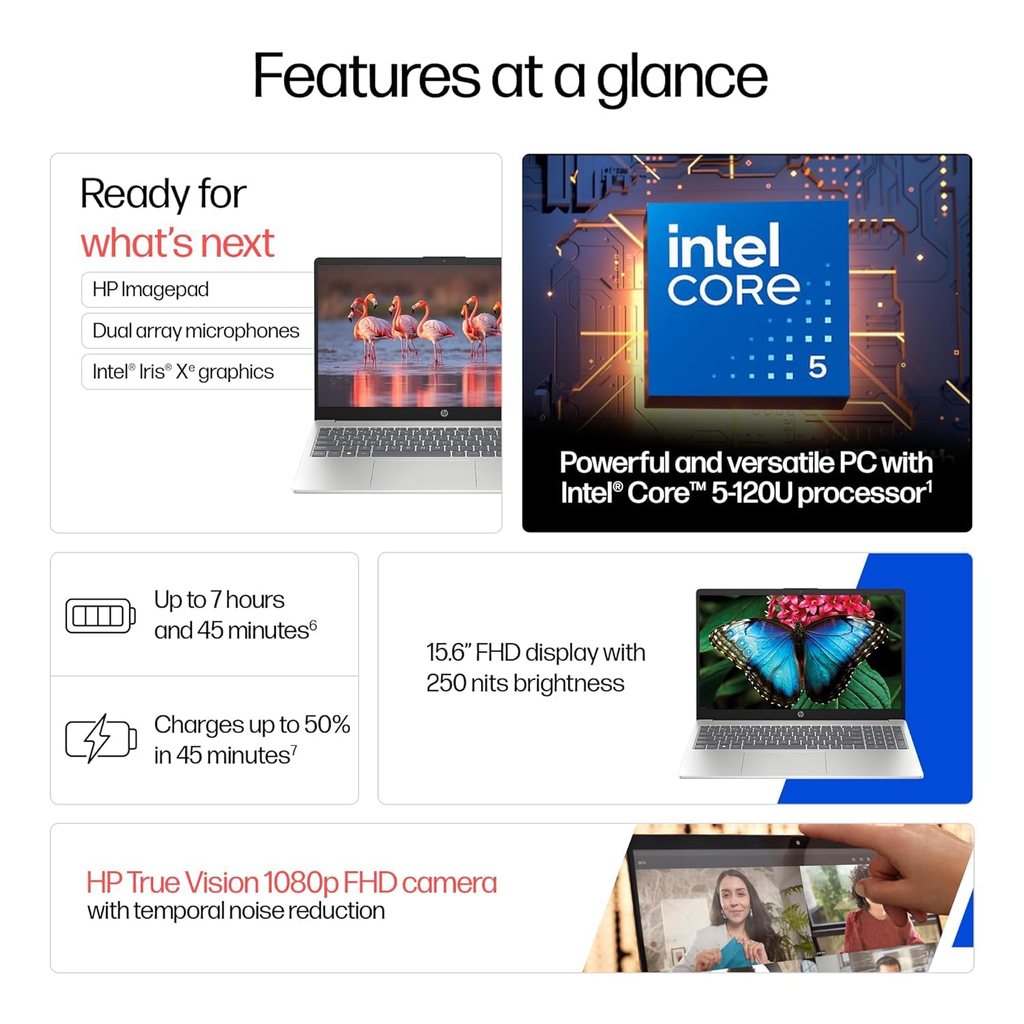 HP 15s-fd0746TU Laptop - Intel Core 5 120U | 16GB RAM | 512GB SSD | 15.6" FHD Display | Windows 11 + MS Office | Silver (Includes Free Laptop Bag)