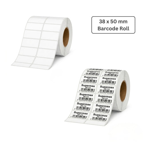 38x50mm Barcode Label Roll | 2000 Labels Per Roll | 2 Ups Chromo Paper Sticker | Self Adhesive Labels for POS, Retail & Shipping