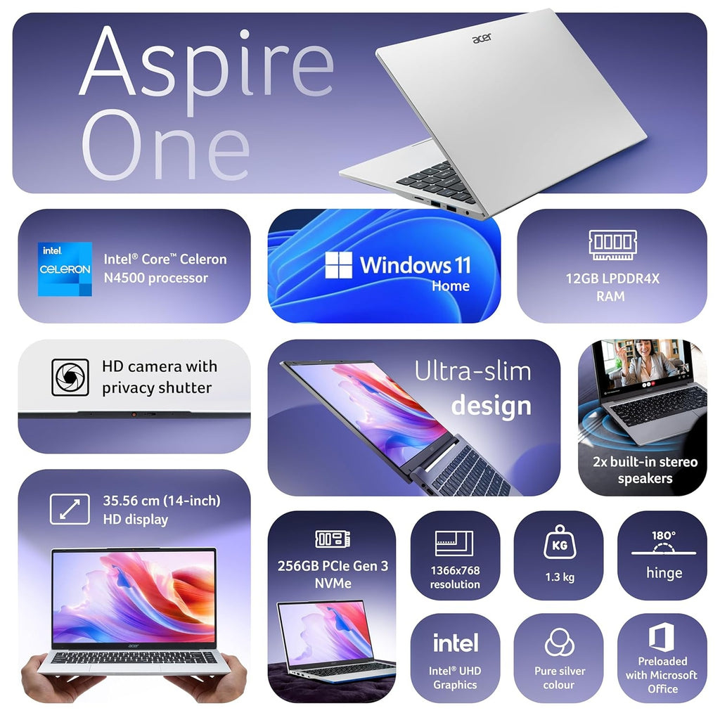 Acer Aspire One Laptop - 14" HD Display, Intel Celeron N4500, 12GB LPDDR4X RAM, 256GB SSD, Windows 11 Home | Thin & Light Laptop (Pure Silver)