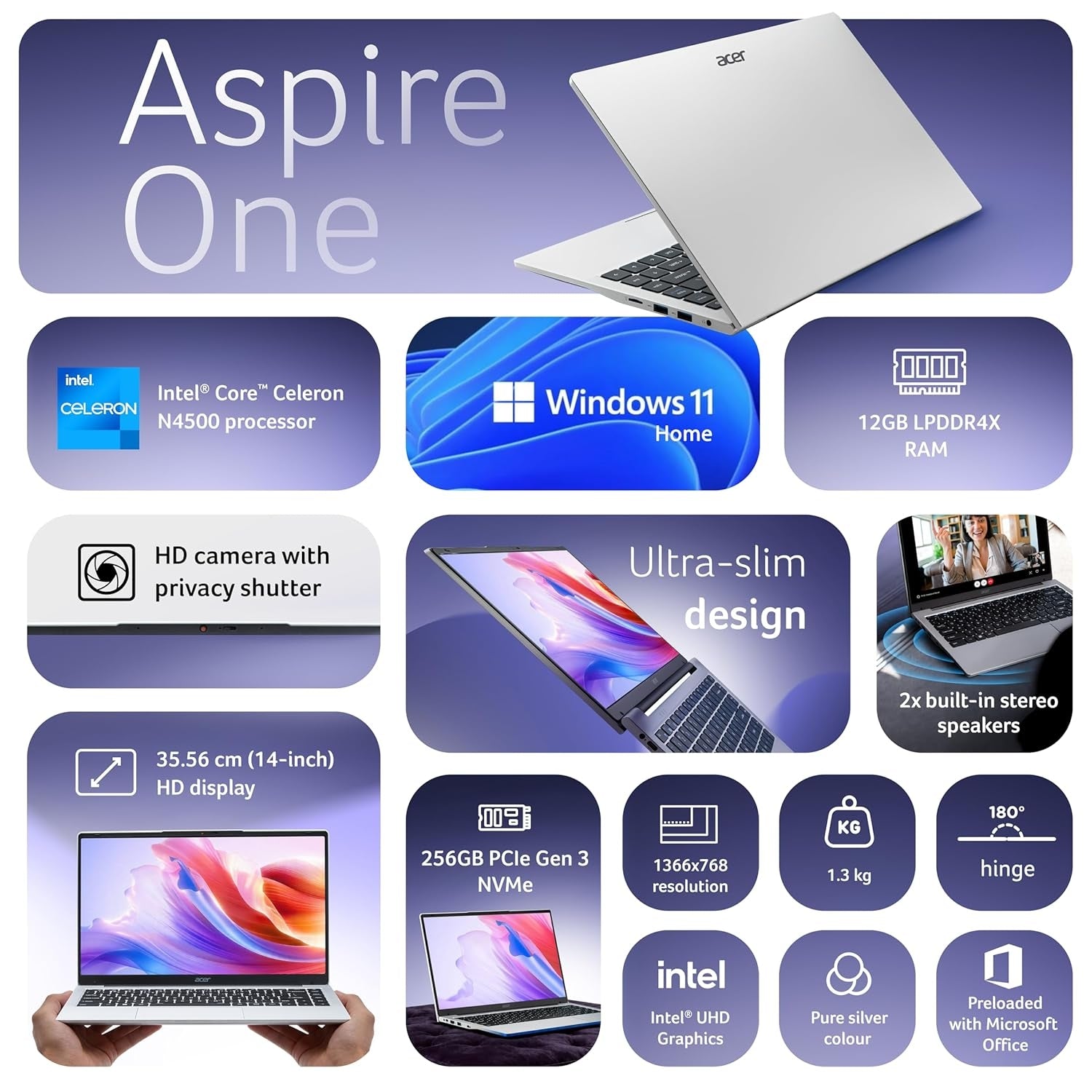 Acer Aspire One Laptop - 14" HD Display, Intel Celeron N4500, 12GB LPDDR4X RAM, 256GB SSD, Windows 11 Home | Thin & Light Laptop (Pure Silver)