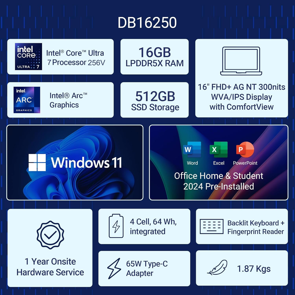 Dell 16 Plus Laptop DB16250 | Intel Core Ultra Processor | 16GB RAM | 512GB SSD | Intel Arc Graphics | 16" FHD+ ComfortView | Windows 11