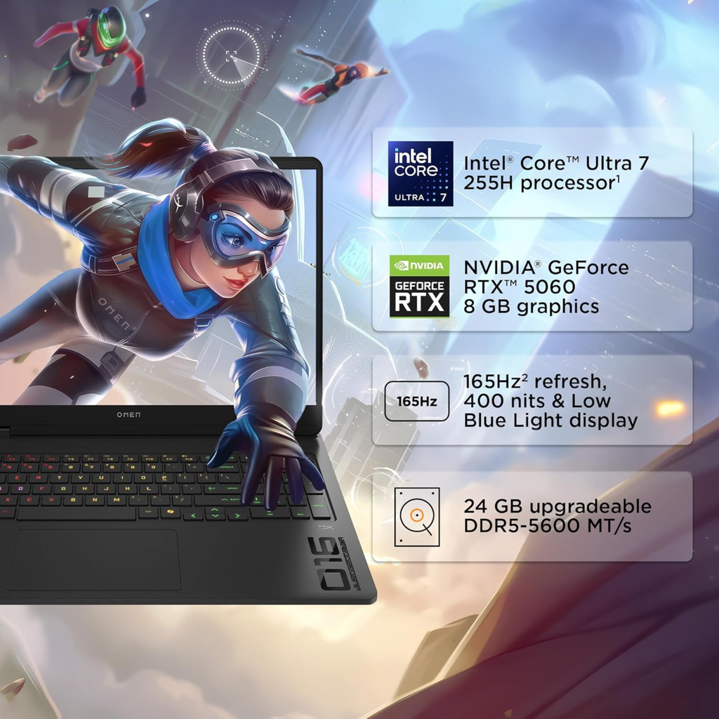 HP Omen 16 16.1" 2K 165Hz IPS Gaming Laptop - Intel Core Ultra 7 255H, 8GB NVIDIA GeForce RTX 5060, 24GB DDR5 RAM, 1TB SSD, 3ms, RGB Keyboard, Windows 11, MS Office 2024 (Shadow Black, 2.43kg, am0238tx)