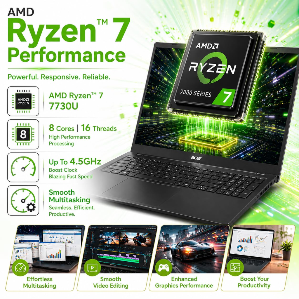 Acer TravelLite TL05 15.6" FHD Smart Laptop - AMD Ryzen 7 7730U, 16GB RAM, 512GB SSD, Radeon Graphics, Windows 11, MS Office 2024 Lifetime, 3 Year Warranty (Black)