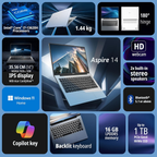 Acer Aspire 14" FHD IPS Thin & Light Laptop - 13th Gen Intel Core i7-13620H, 16GB RAM, 512GB SSD, Windows 11 Home, MS Office, Backlit KB, 180° Hinge (Pure Silver, AS14H-53)