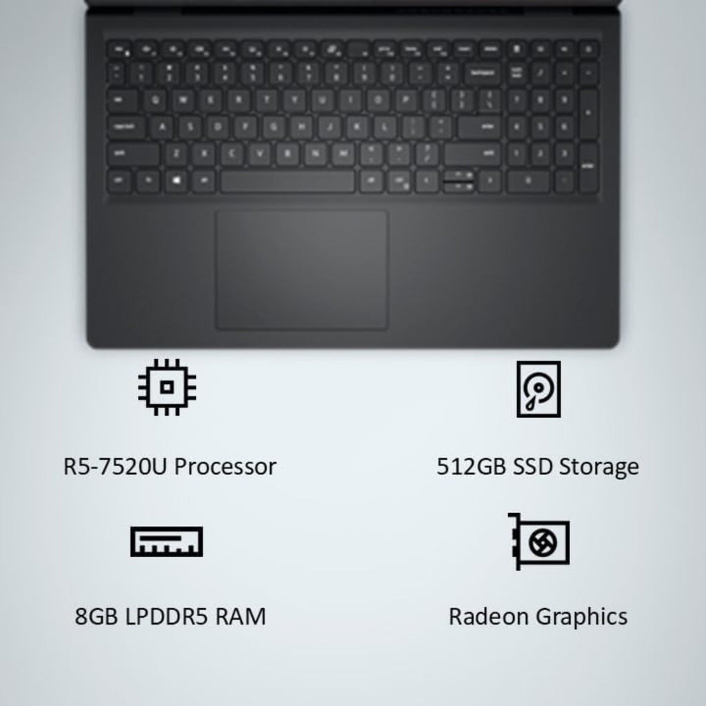Dell Inspiron 15 3535 Laptop | AMD Ryzen 5 7520U | 8GB LPDDR5 RAM | 512GB SSD | 15.6" FHD 120Hz Display | Windows 11 Home | Carbon Black