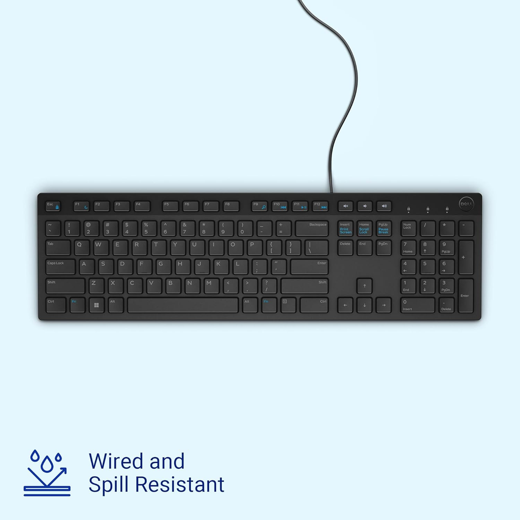 Dell KB216 Multimedia Wired USB Keyboard - Chiclet Keys, Hotkeys, Spill-Resistant, Plug and Play (Black)