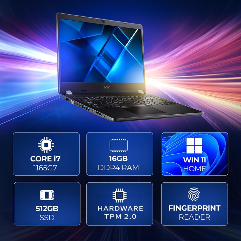 Acer TravelMate Business 14" Full HD Laptop - Intel Core i7-1165G7, 16GB DDR4 RAM, 512GB SSD, Intel Iris Xe Graphics, Windows 11 Home (Black, TMP214-53)
