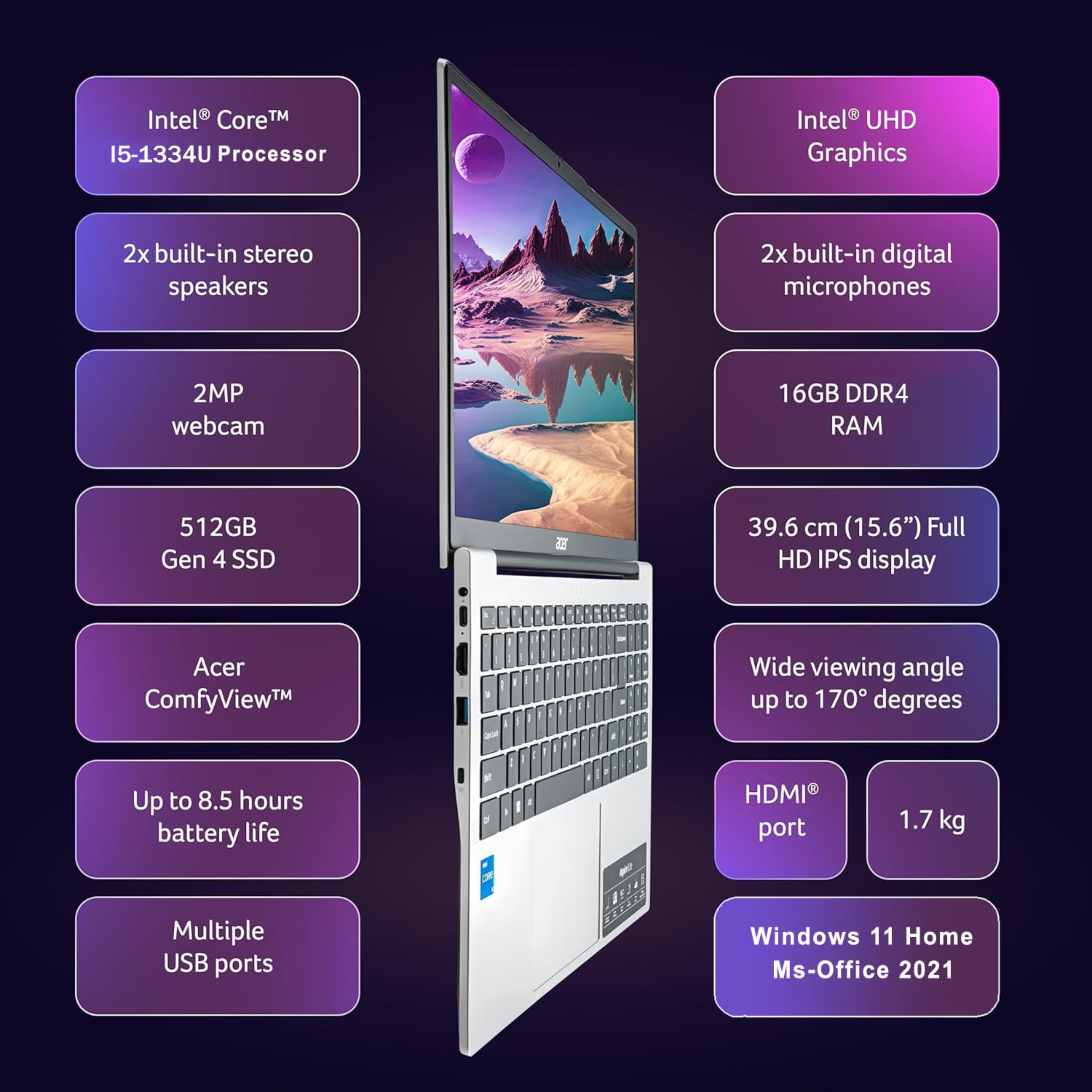 Acer Aspire 3 15.6" FHD IPS Thin & Light Laptop - 13th Gen Intel Core i5-1334U, 8GB RAM, 512GB SSD, Windows 11 Home (Pure Silver, 1.7kg, A325-53)