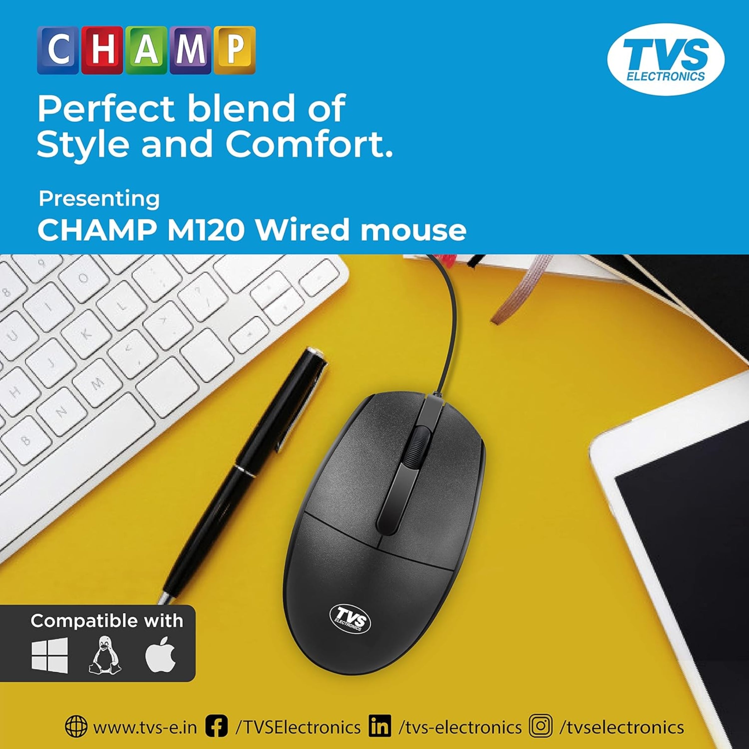 TVS Electronics M120 Wired Optical Mouse | 1200 DPI High-Precision Tracking | 5 Million Clicks Durability | Ergonomic Ambidextrous Design | 1.5m Durable USB Cable for PC & Laptop (Black)