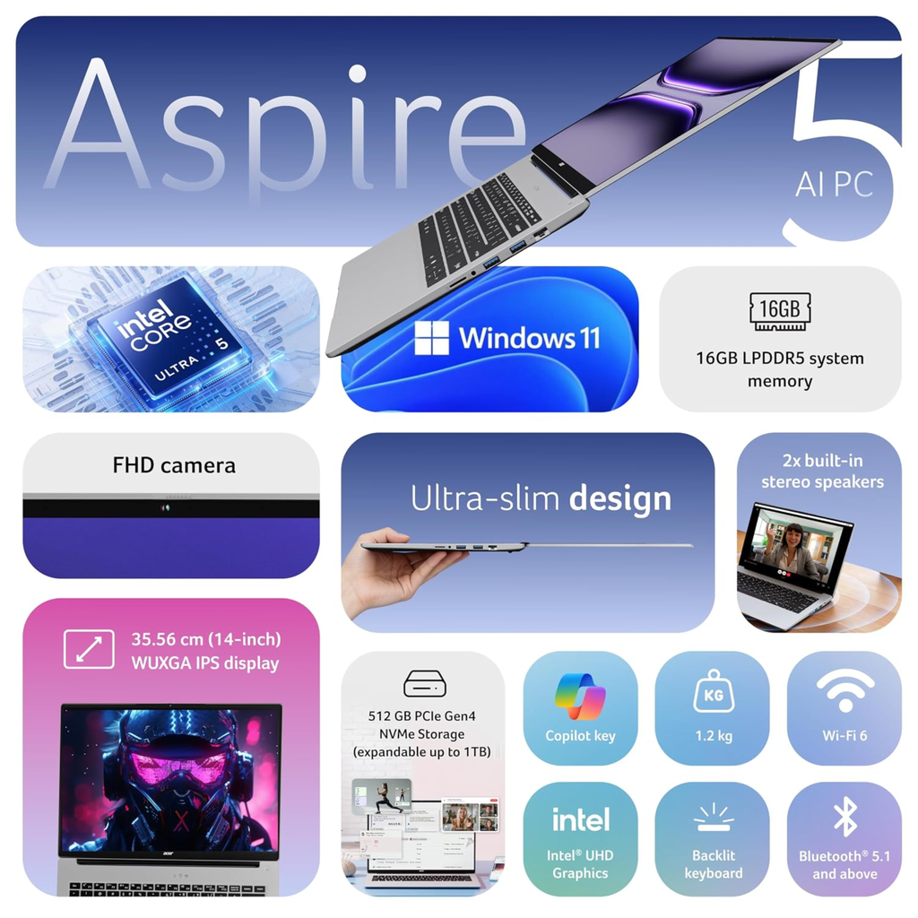 Acer Aspire 5 14" WUXGA IPS AI PC - Intel Core Ultra 5 125H, 16GB RAM, 512GB SSD, Windows 11 Home, MS Office 2024, Backlit KB | Thin & Light Premium Laptop (Pure Silver, A514-54H)