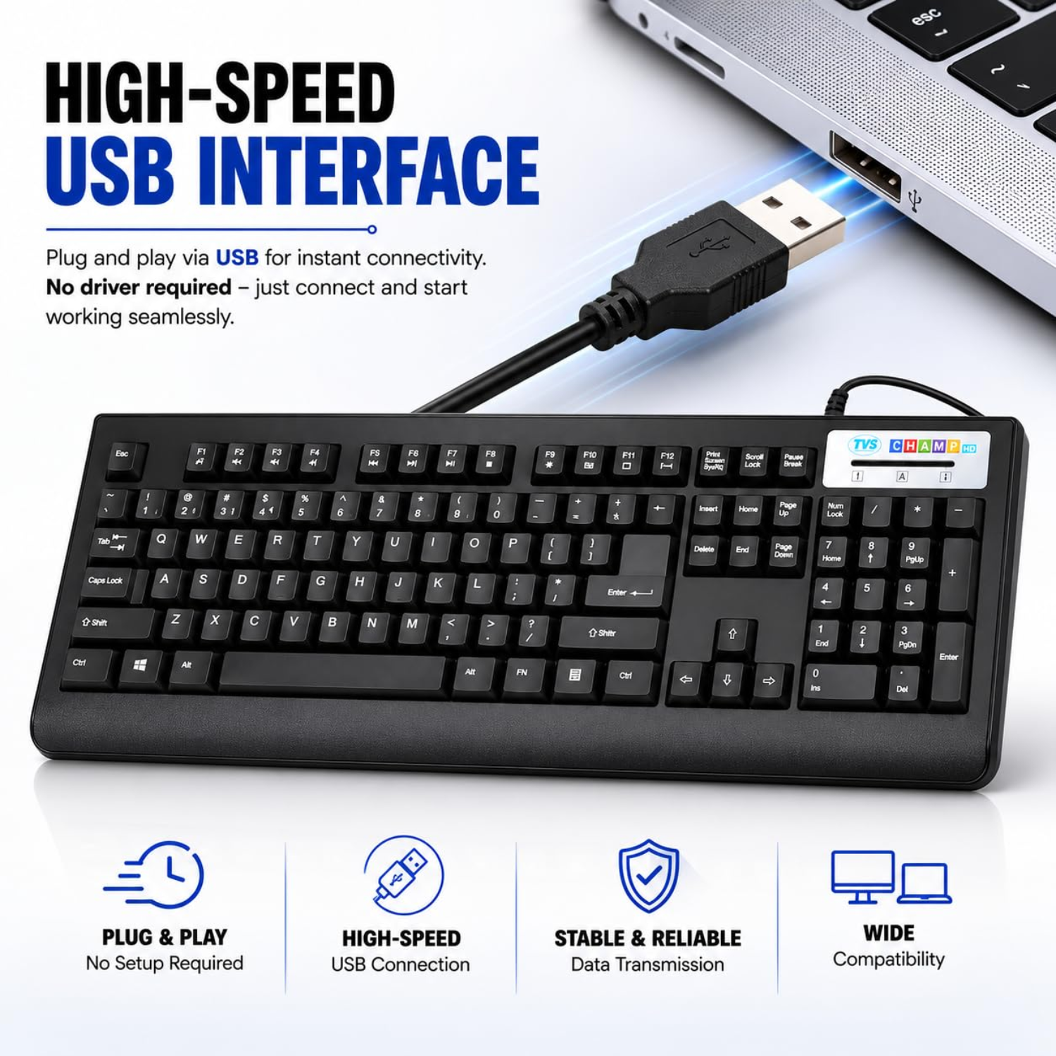 TVS Champ USB Membrane Wired Keyboard - Ergonomic 104-Key Full Layout, Spill-Resistant, Laser Etched Keys (Black)