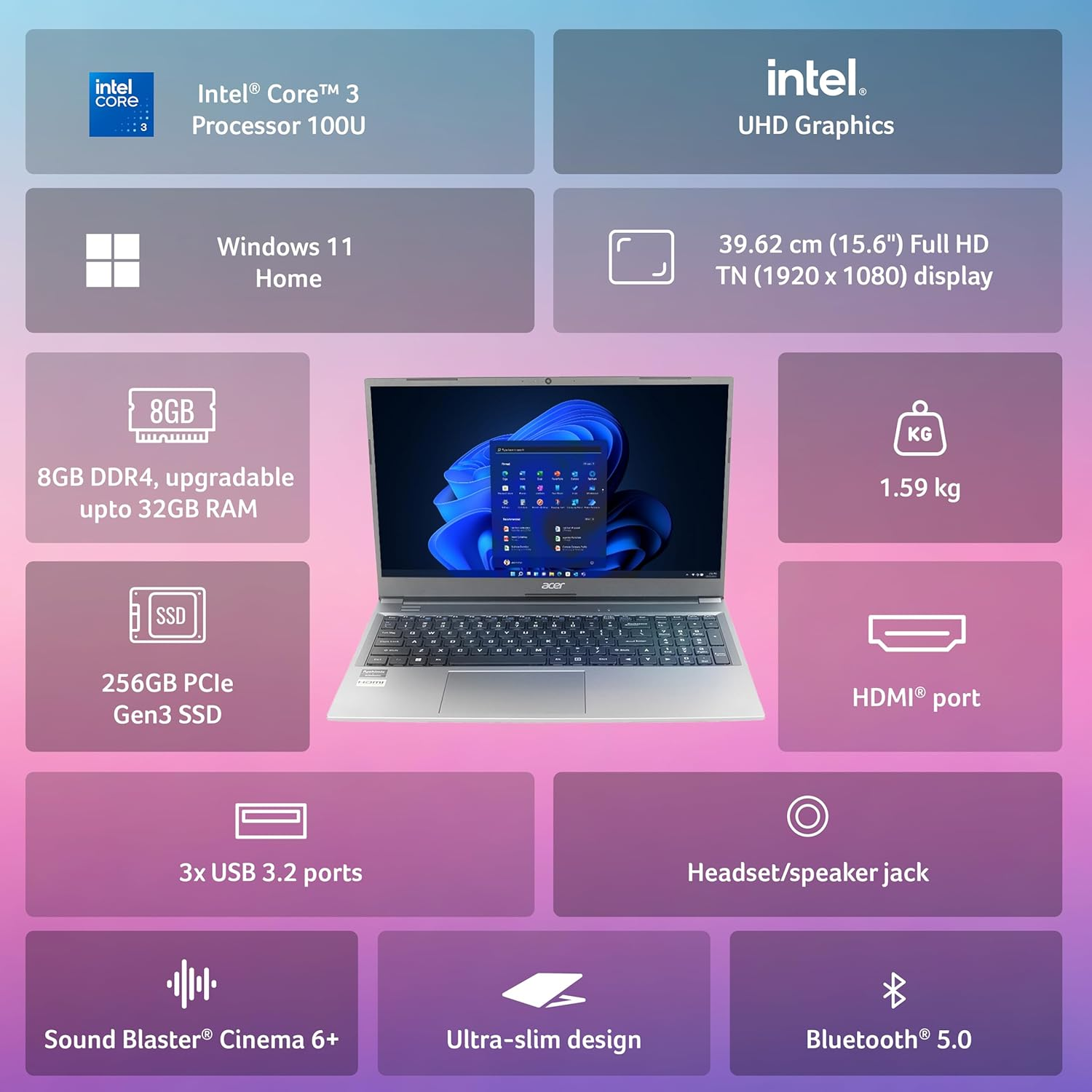 Acer Aspire Lite 15.6" FHD IPS Laptop - Intel Core 3 14th Gen 100U, 8GB RAM, 256GB SSD, Windows 11 Home, Office 2024 & M365 Basic | Thin & Light Everyday Laptop (Steel Grey)