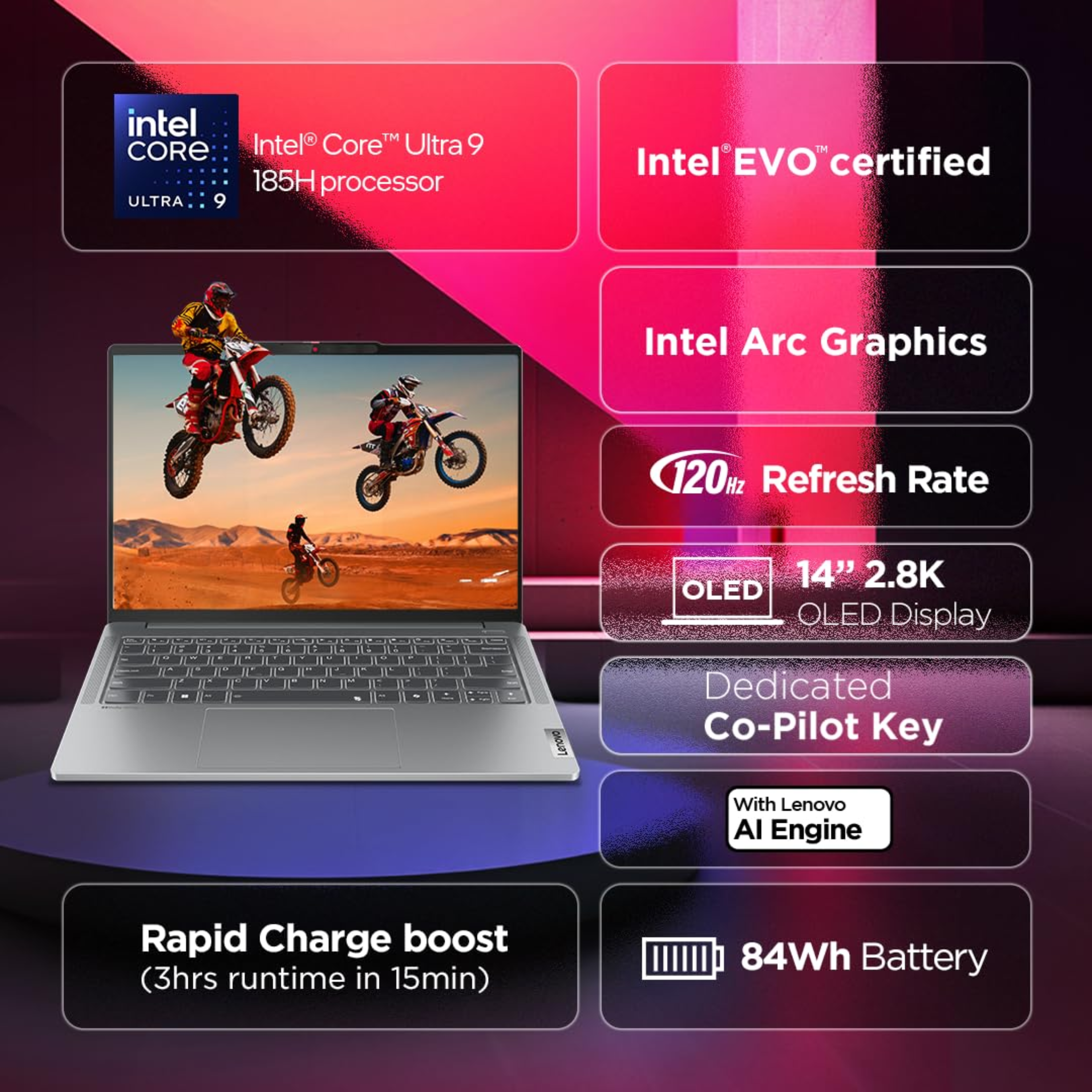 Lenovo IdeaPad Pro 5 Intel Evo Core Ultra 9 185H Built-in AI PC 14" (35.56cm) 2.8K OLED 120Hz Laptop (32GB/1TB SSD/Win 11/Office 2021/FHD+IR Camera/Alexa/3 Mon Game Pass/Grey/1.4kg), 83D2001GIN