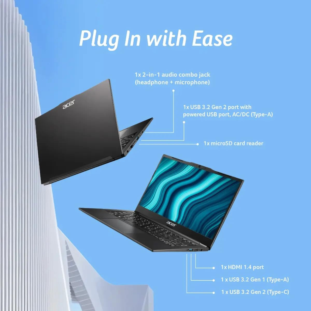 Acer TravelLite Smart 14" FHD Laptop - 13th Gen Intel Core i5-1334U (8 Cores), 16GB RAM, 512GB NVMe SSD, Intel Iris Xe Graphics, Windows 11, MS Office, 3 Year Brand Warranty (Black, TL04-51M)