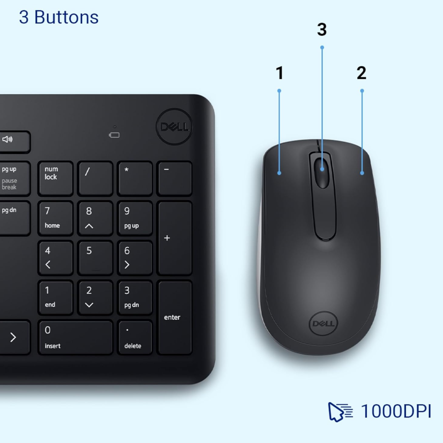 Dell KM3322W Wireless Keyboard and Mouse Combo - Anti-Friction Keycaps, Up to 36-Month Battery Life, 1000 DPI Optical Mouse, 2.4GHz Wireless (Black)